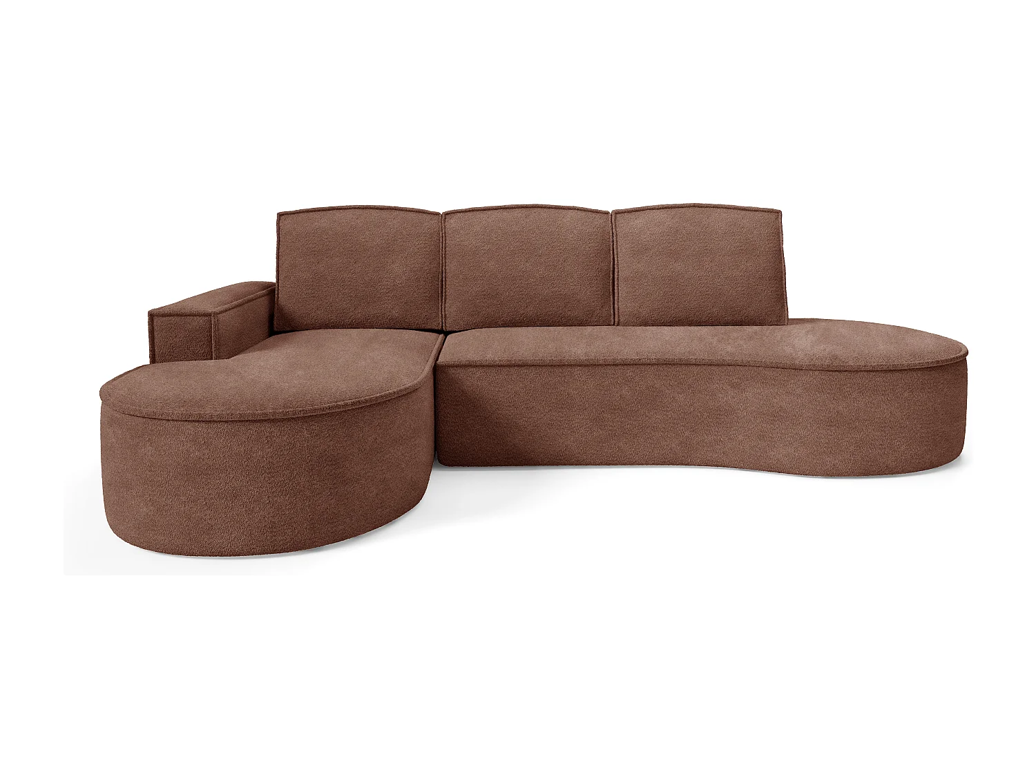 Canapé d'angle MOLLY avec couchage - Design arrondi, autoportant, 140x207 cm, 3 coussins, tissu Abriamo, 277x157x88 cm, côté gauche brun