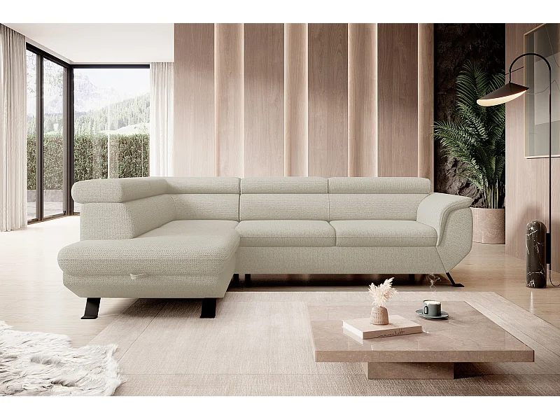 ECKSOFA RAVEN L mit Schlaffunktion und Bettkasten, Freistehend, Polstersofa mit Verstellbaren Kopfstützen, 257x198x96 cm, Linke Seite, Beige