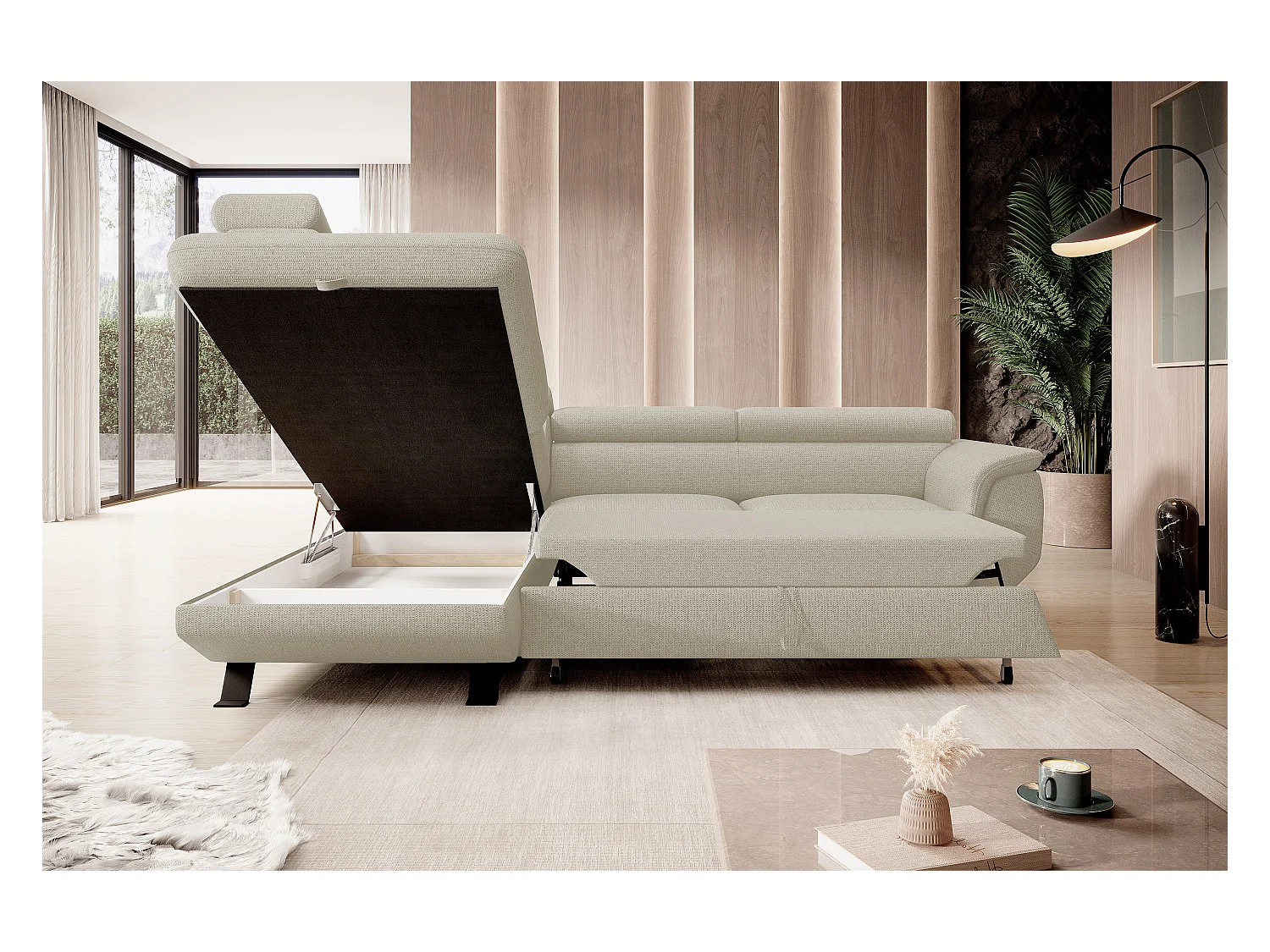 Canapé RAVEN L avec fonction de couchage, compartiment à literie, indépendant, rembourré avec têtières réglables 257x198x96 cm Côté gauche Beige