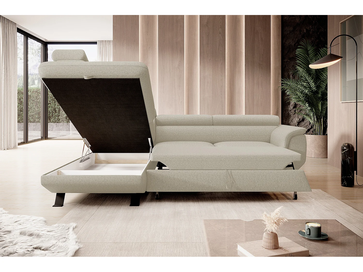 Canapé RAVEN L avec fonction de couchage, compartiment à literie, indépendant, rembourré avec têtières réglables 257x198x96 cm Côté gauche Beige