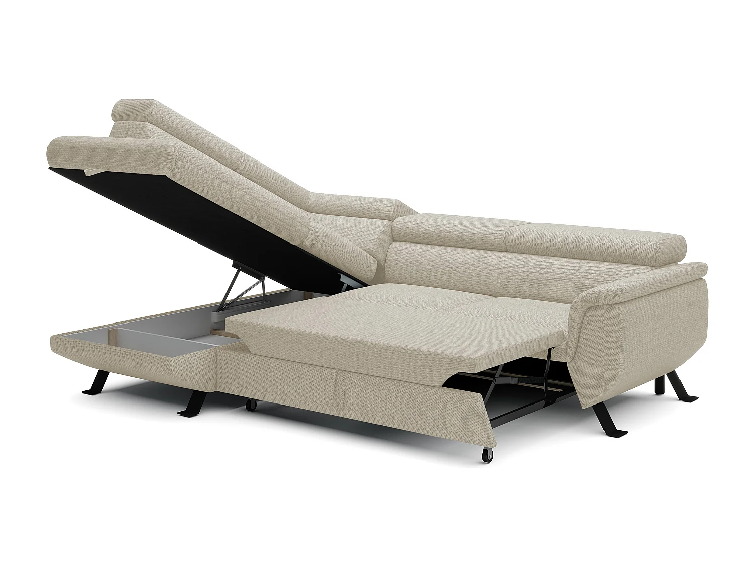 Canapé RAVEN L avec fonction de couchage, compartiment à literie, indépendant, rembourré avec têtières réglables 257x198x96 cm Côté gauche Beige