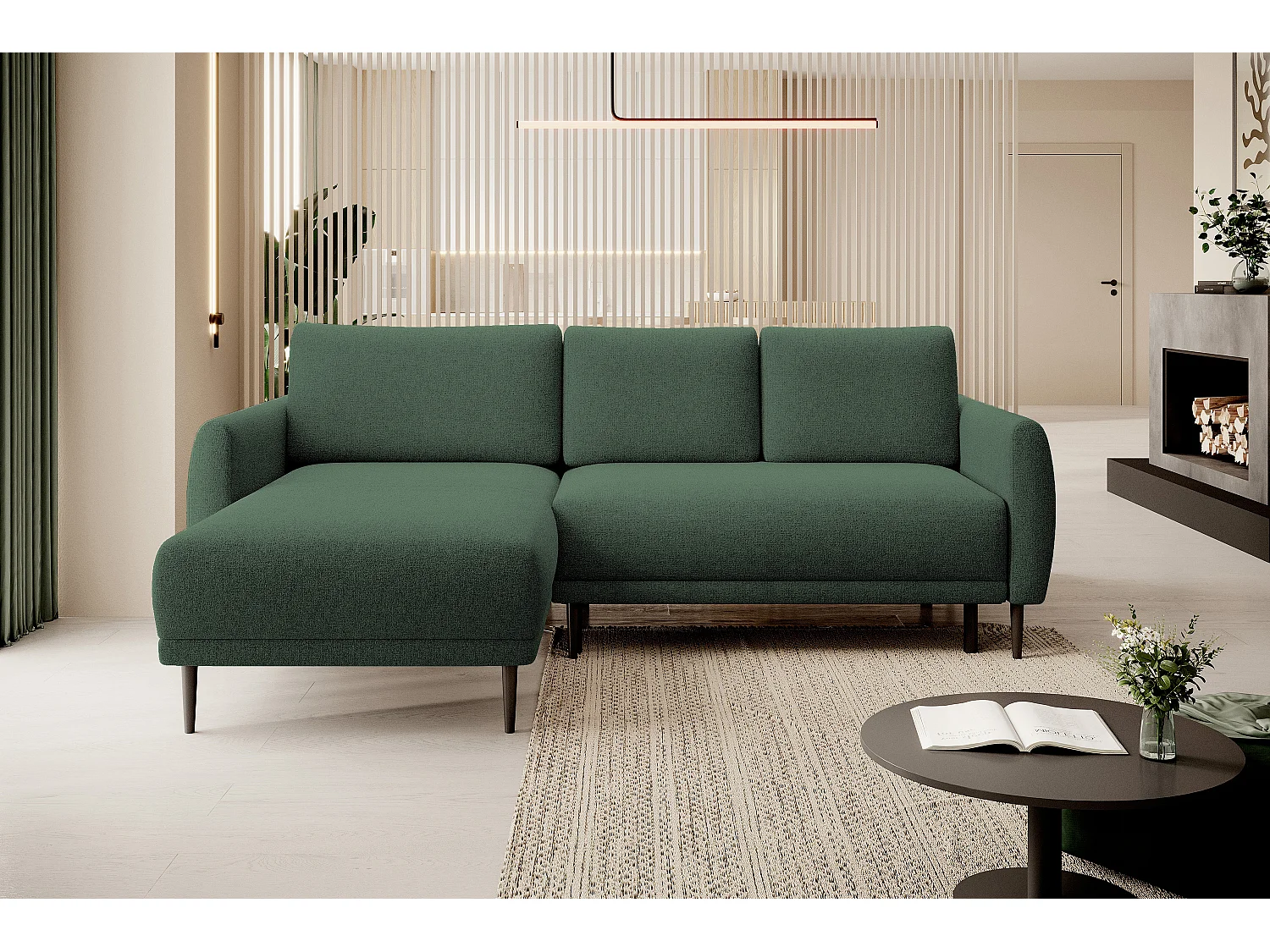 CANAPE BONO Canapé élégant avec fonction sommeil, Pieds en bois robustes, Accoudoirs élégants, Assise profonde 226x164x88cm, Côté gauche vert forêt