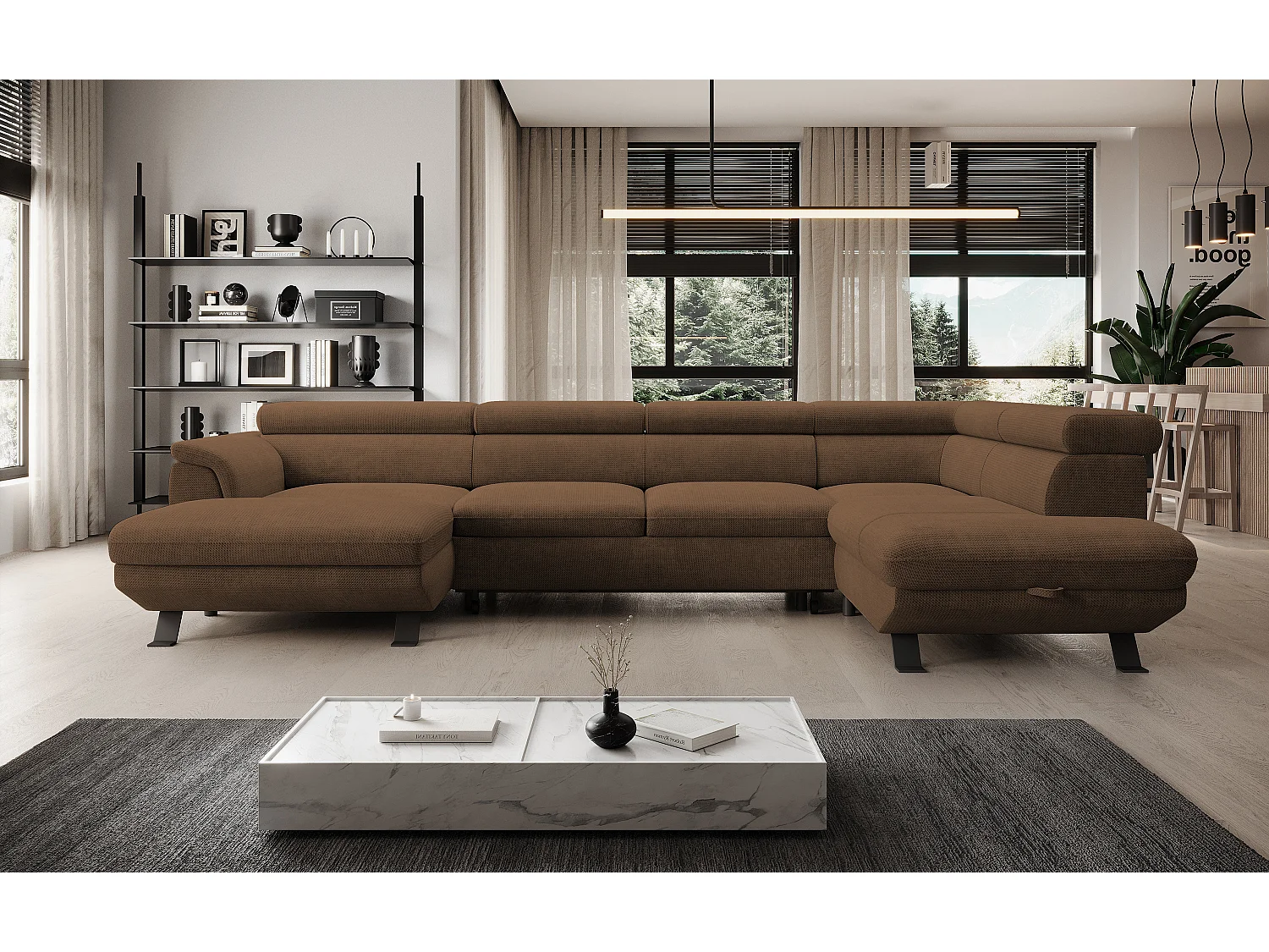 Hoekbank RAVEN XL met slaapfunctie, uittrekbed, verstelbare hoofdsteunen, opbergruimte, 334x198x162cm Rechts Roest