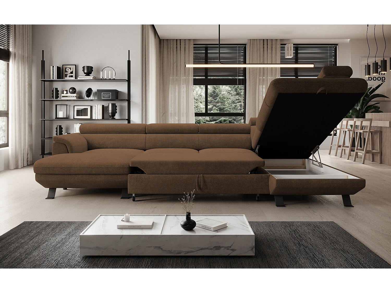 Hoekbank RAVEN XL met slaapfunctie, uittrekbed, verstelbare hoofdsteunen, opbergruimte, 334x198x162cm Rechts Roest