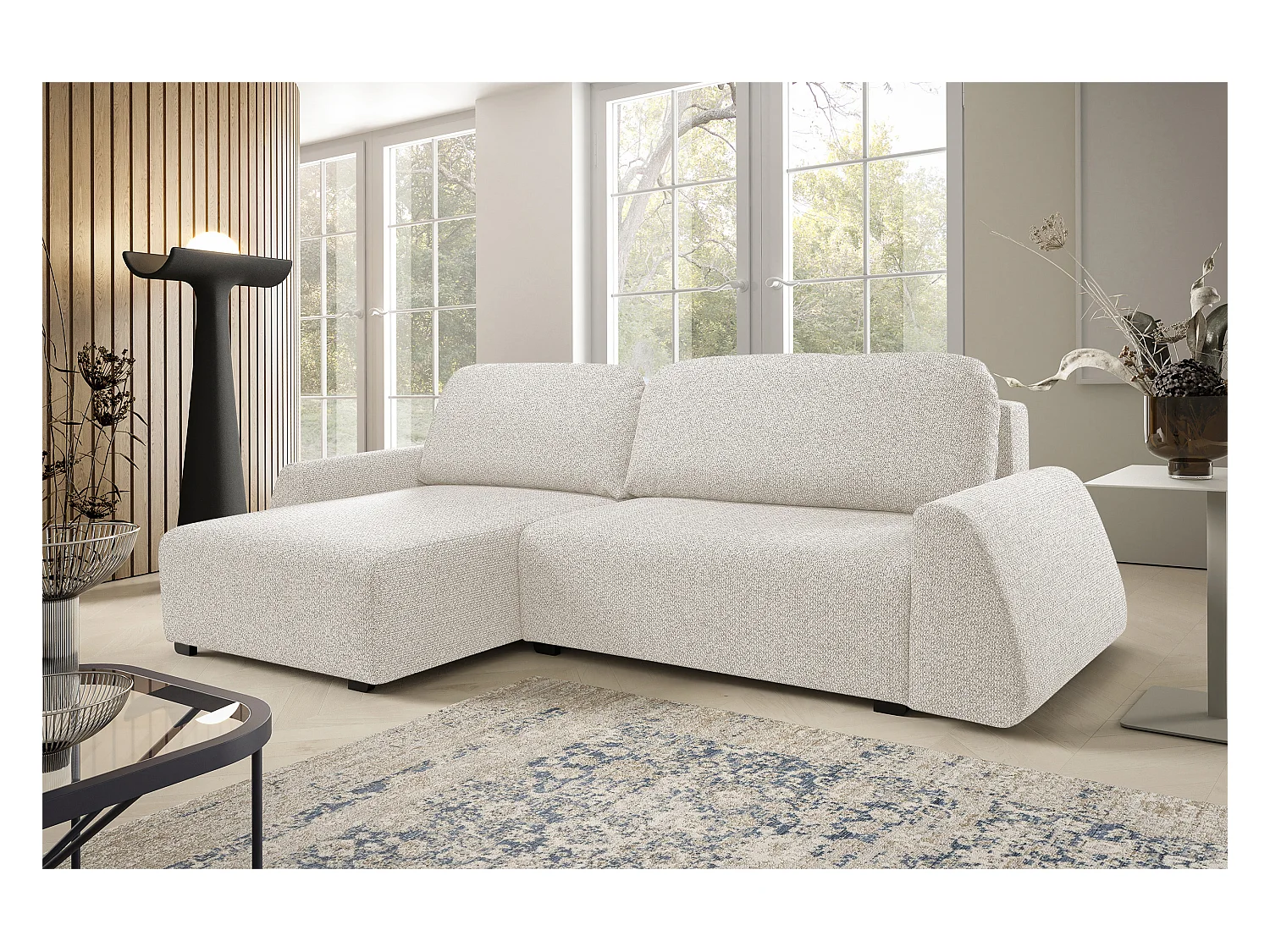 Canapé d'angle ALMI 160x275 cm, couchage, coffre, ressorts, assise confortable, côté gauche, blanc