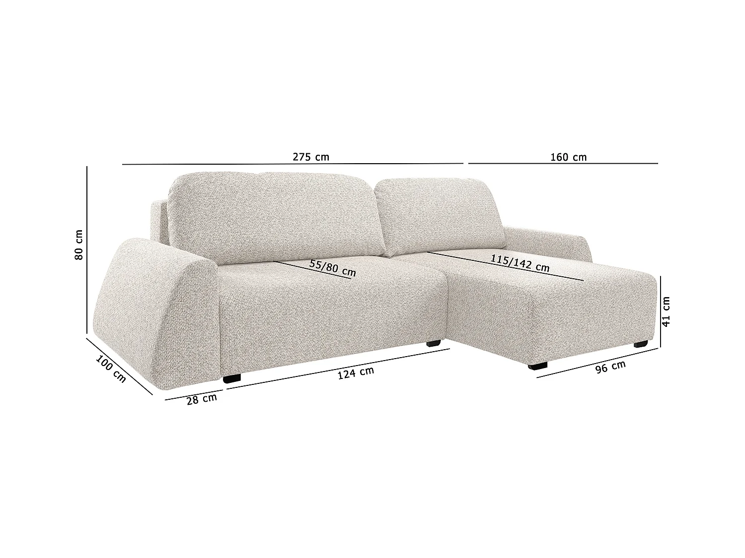 Canapé d'angle ALMI 160x275 cm, couchage, coffre, ressorts, assise confortable, côté gauche, blanc