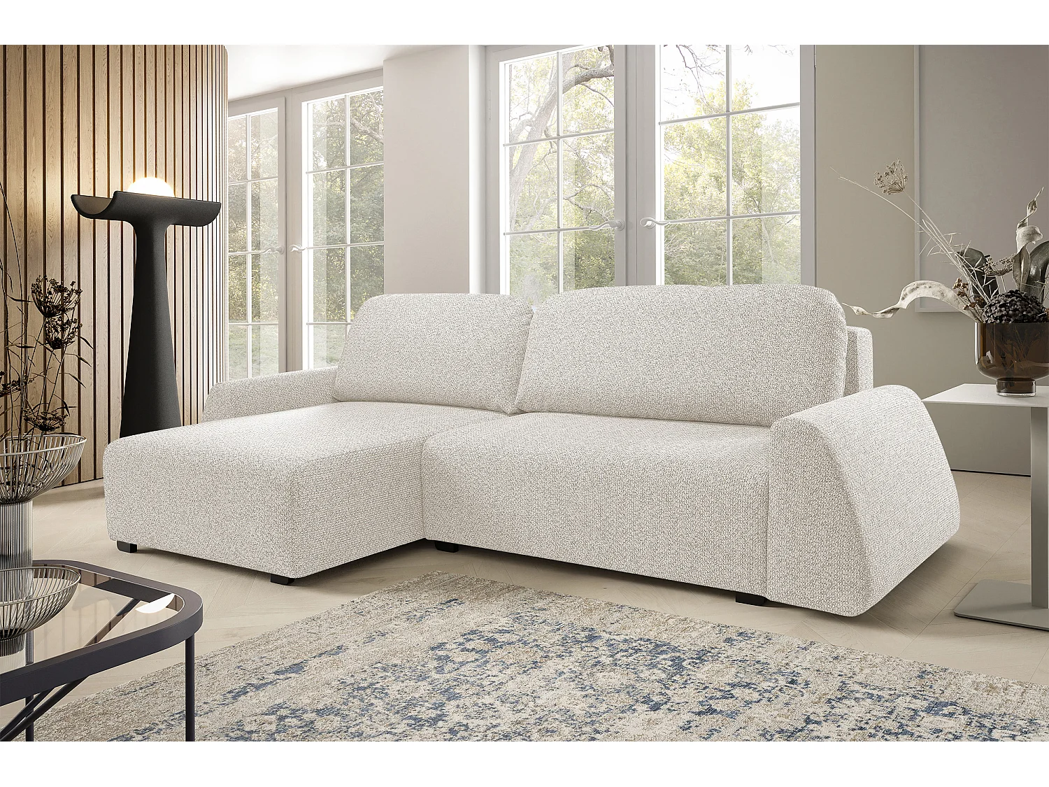 Canapé d'angle ALMI 160x275 cm, couchage, coffre, ressorts, assise confortable, côté gauche, blanc