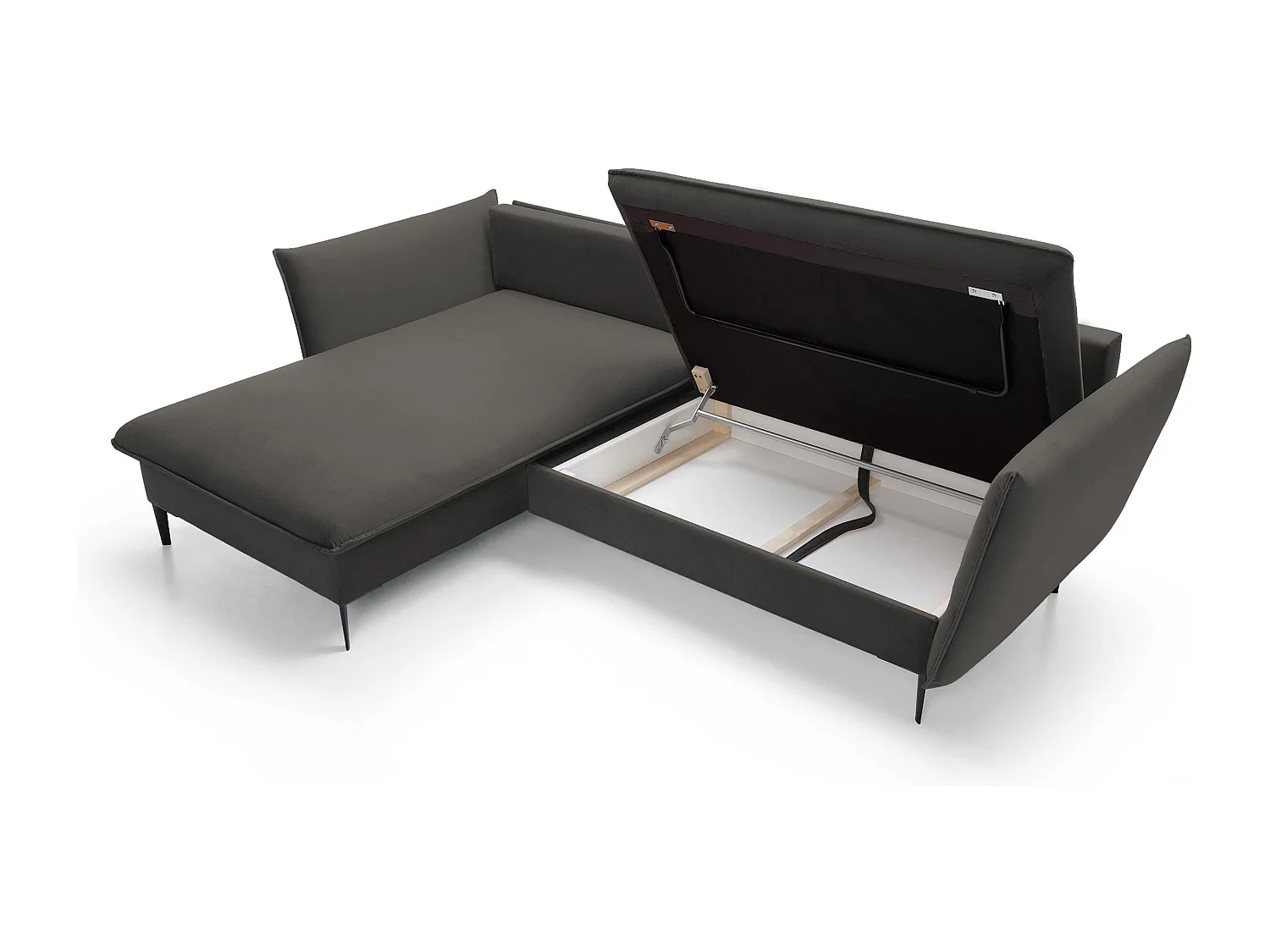 Ecksofa GLOSS mit Schlaffunktion, Ottomane & goldenen Füßen – Samtsofa im GLOSSour-Stil mit Zierkissen, 258x167x91cm, Linke Seite SCHWARZ