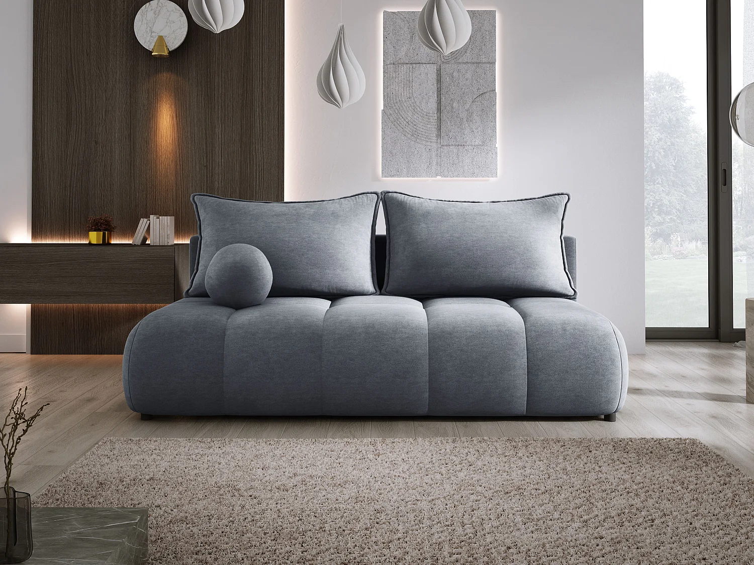 Sofa COCO MINI Schlafsofa mit Bettfunktion, CLOUD Stoff, 2-Sitzer, freistehend, 205x105x97cm, Farbe: Dunkelgrau