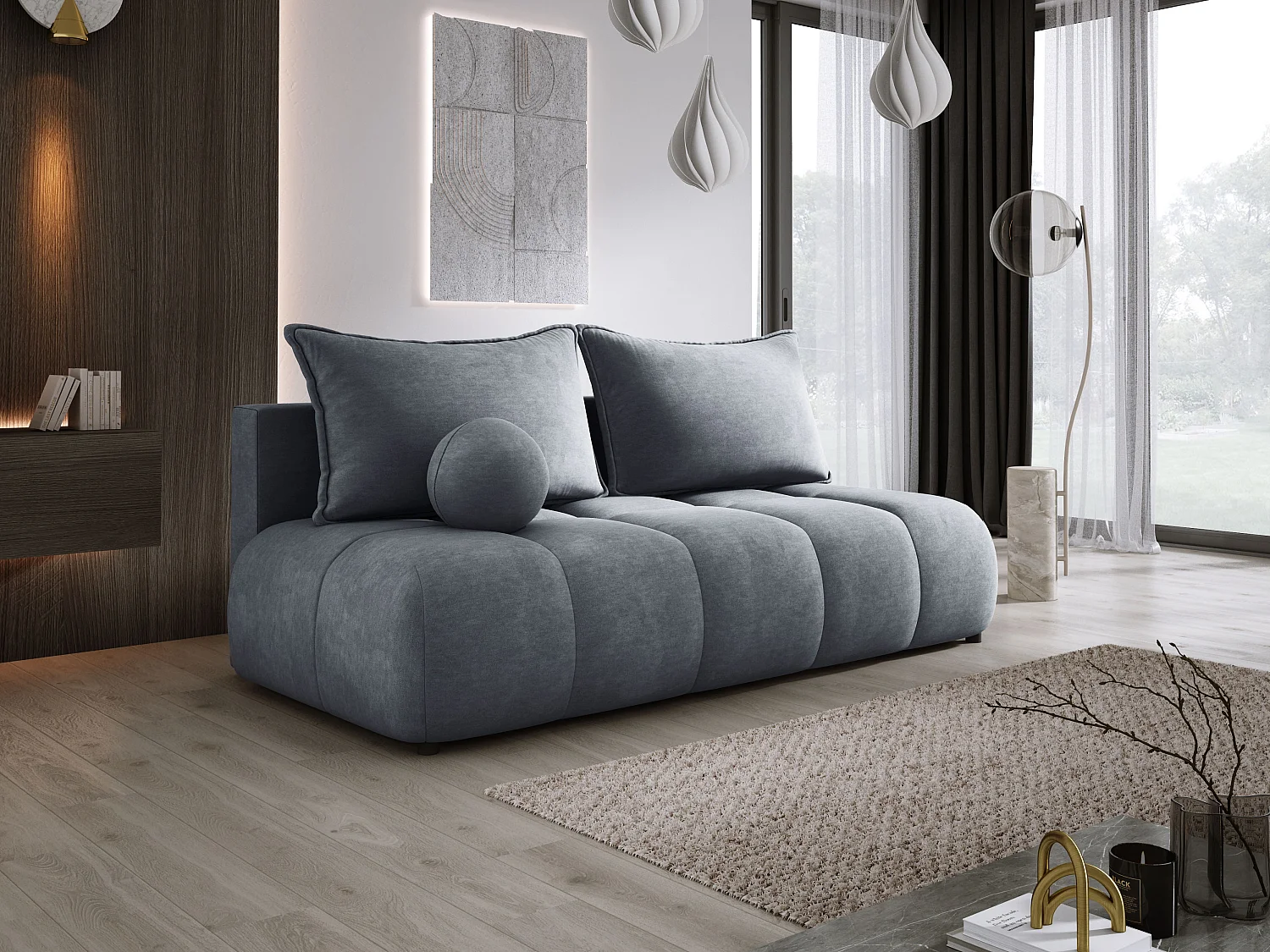 Sofa COCO MINI convertible avec couchage, tissu CLOUD, 2 places, autoportant, 205x105x97 cm, couleur : Gris foncé