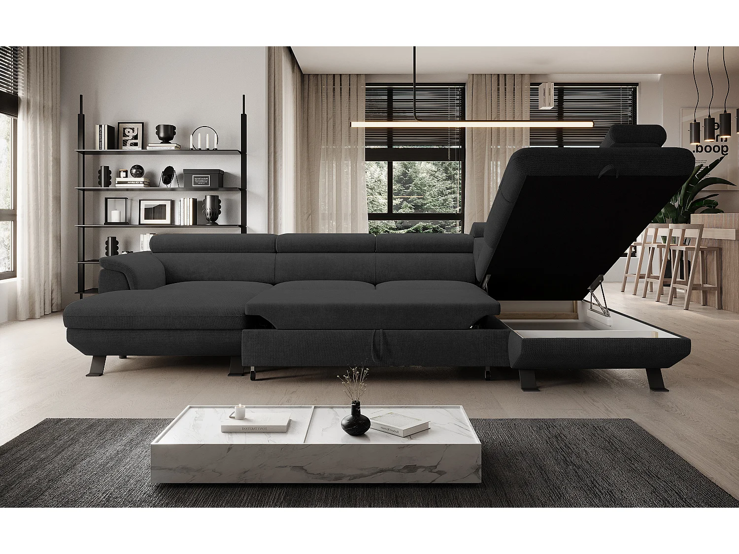 Canapé d'angle RAVEN XL convertible avec tiroir-lit, appuie-têtes réglables, coffre, 334x198x162cm, côté droit Anthracite