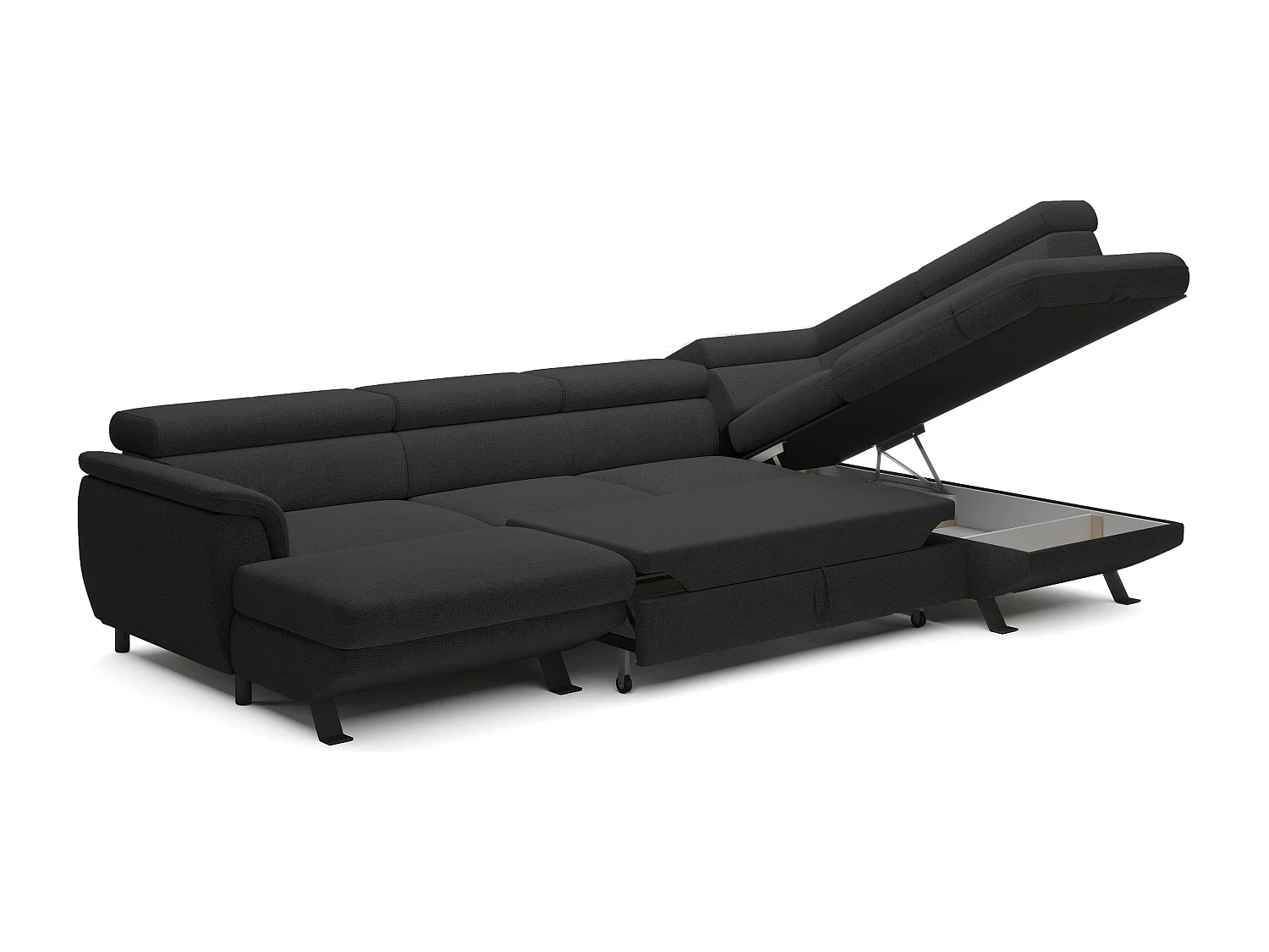 Canapé d'angle RAVEN XL convertible avec tiroir-lit, appuie-têtes réglables, coffre, 334x198x162cm, côté droit Anthracite