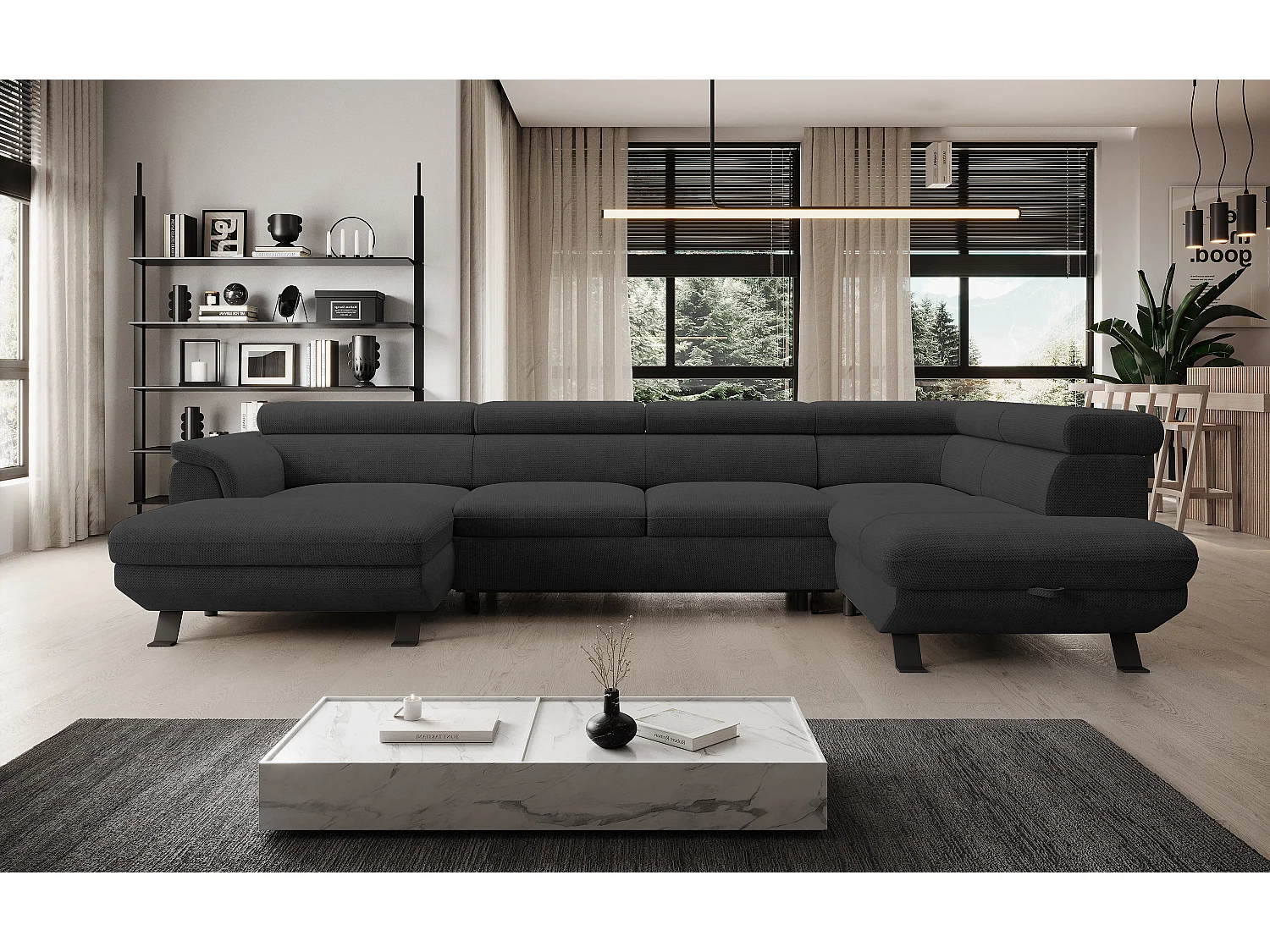 Hoekbank RAVEN XL met slaapfunctie, uittrekbed, verstelbare hoofdsteunen, opbergruimte, 334x198x162cm Rechts Antraciet