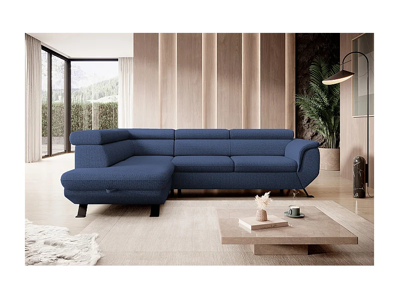Canapé RAVEN L avec fonction de couchage, compartiment à literie, indépendant, rembourré avec têtières réglables 257x198x96 cm Côté gauche Bleu