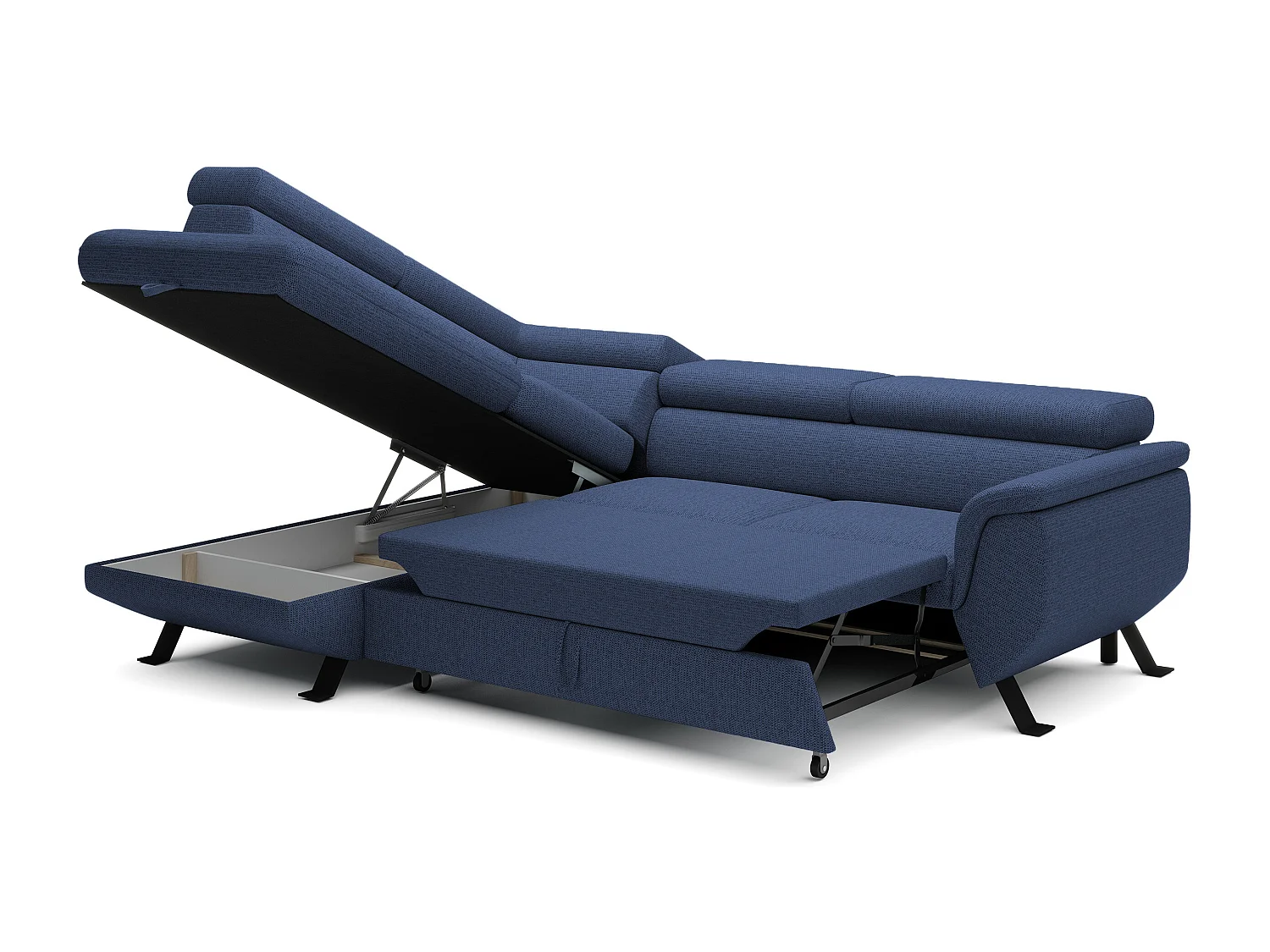 Canapé RAVEN L avec fonction de couchage, compartiment à literie, indépendant, rembourré avec têtières réglables 257x198x96 cm Côté gauche Bleu