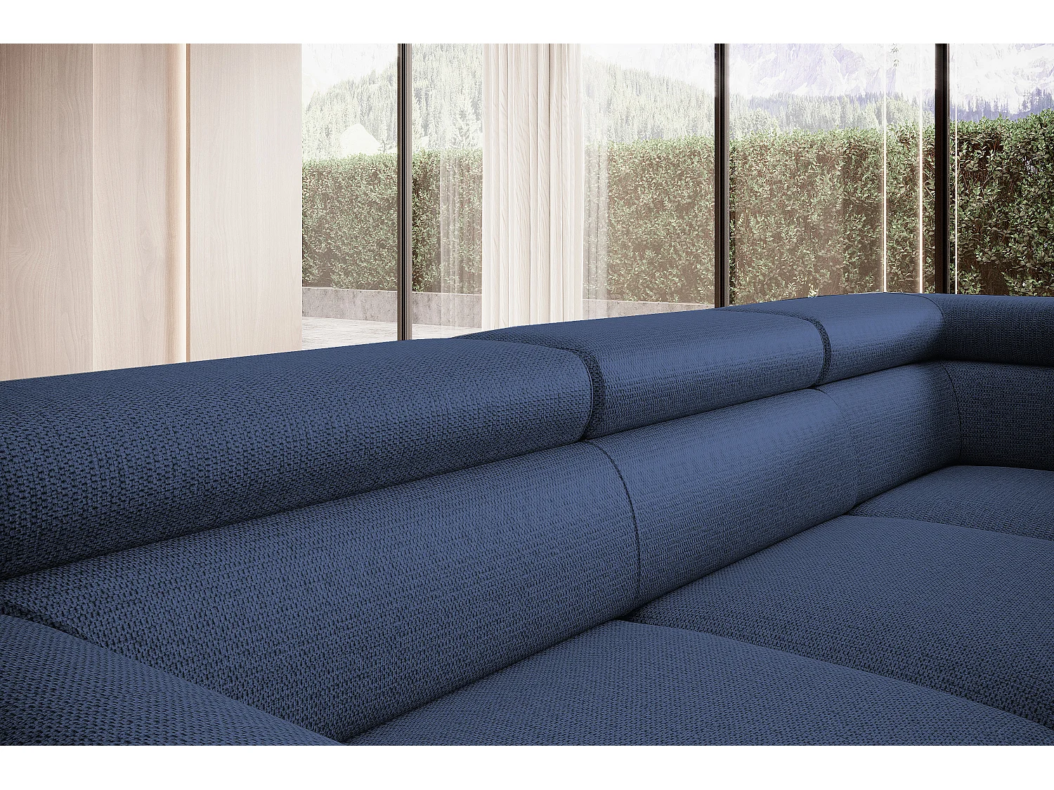 Canapé RAVEN L avec fonction de couchage, compartiment à literie, indépendant, rembourré avec têtières réglables 257x198x96 cm Côté gauche Bleu