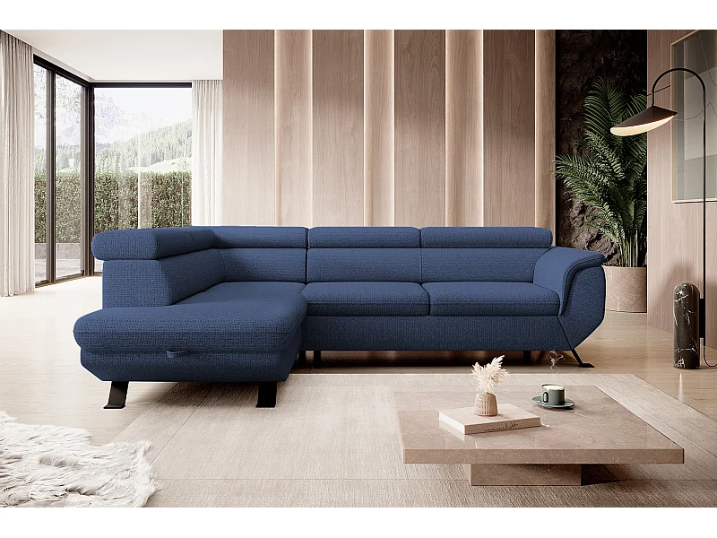 Gestoffeerde hoekbankRAVEN L met bedfunctie, bedruimte separaat, gestoffeerd met verstelbare hoofdsteunen 257x198x96 cm Links Blauw