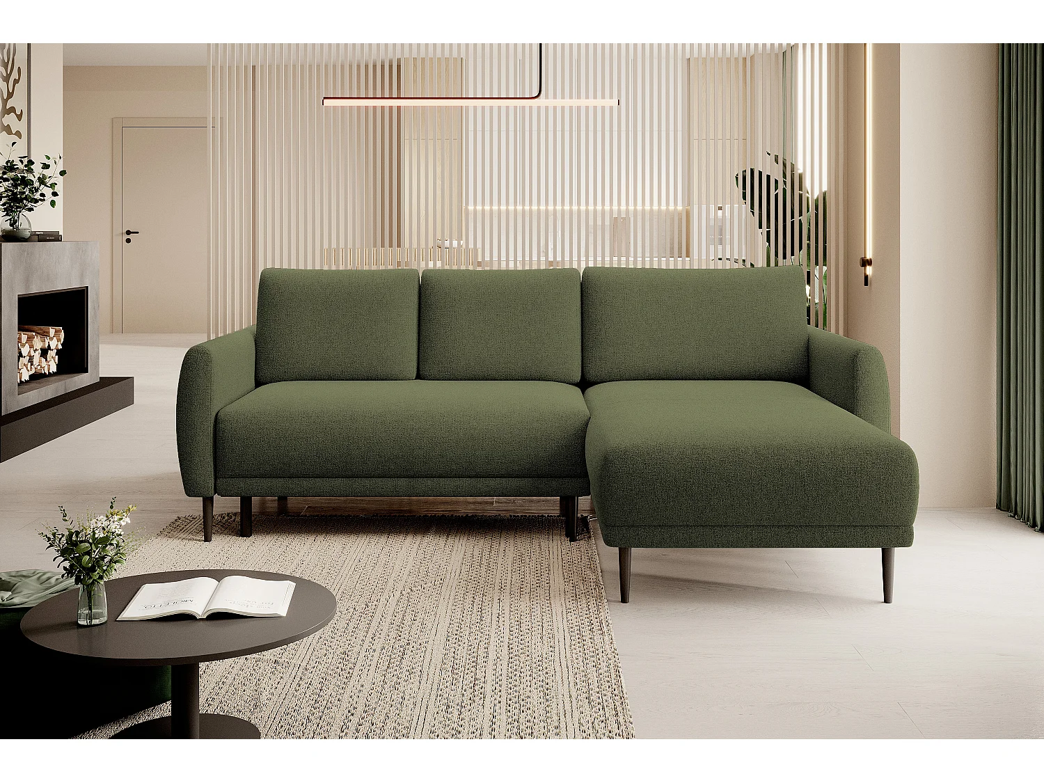 CANAPE BONO Canapé élégant avec fonction sommeil, Pieds en bois robustes, Accoudoirs élégants, Assise profonde 226x164x88cm, Côté droit Vert