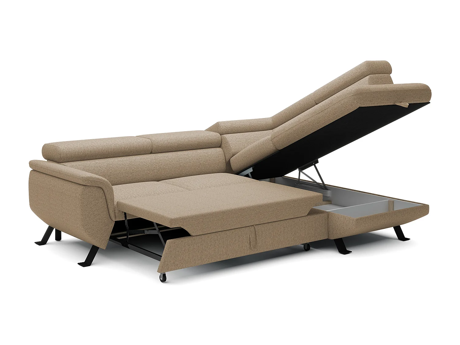 ECKSOFA RAVEN L mit Schlaffunktion und Bettkasten, Freistehend, Polstersofa mit Verstellbaren Kopfstützen, 257x198x96 cm, Rechte Seite, Cappucino