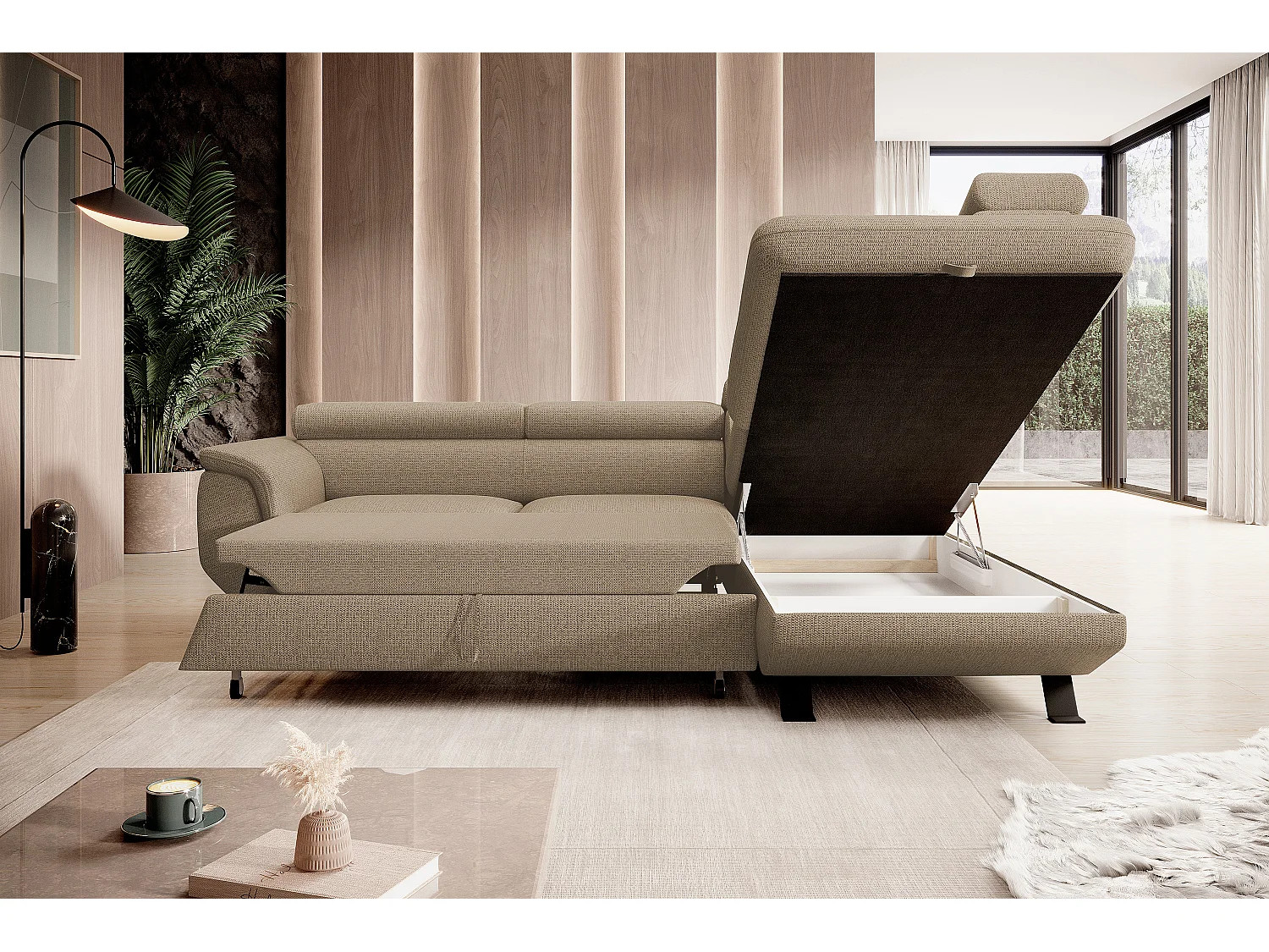 Canapé RAVEN L avec fonction de couchage, compartiment à literie, indépendant, rembourré avec têtières réglables 257x198x96 cm Côté droit Cappuccino