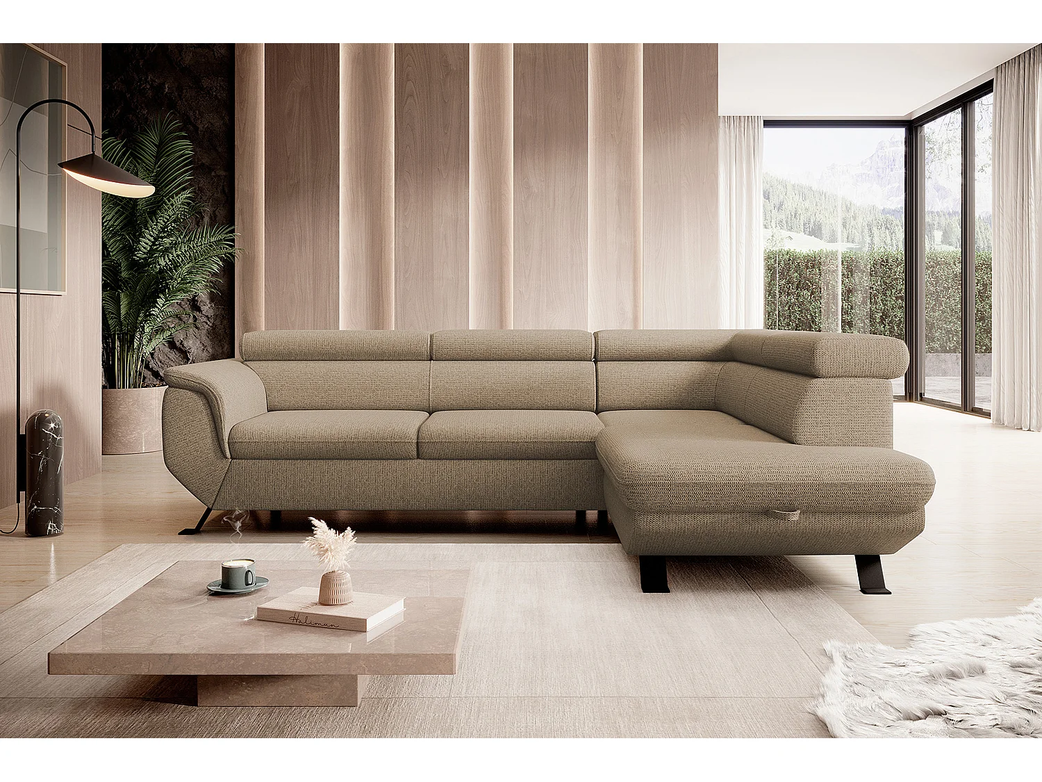 Canapé RAVEN L avec fonction de couchage, compartiment à literie, indépendant, rembourré avec têtières réglables 257x198x96 cm Côté droit Cappuccino