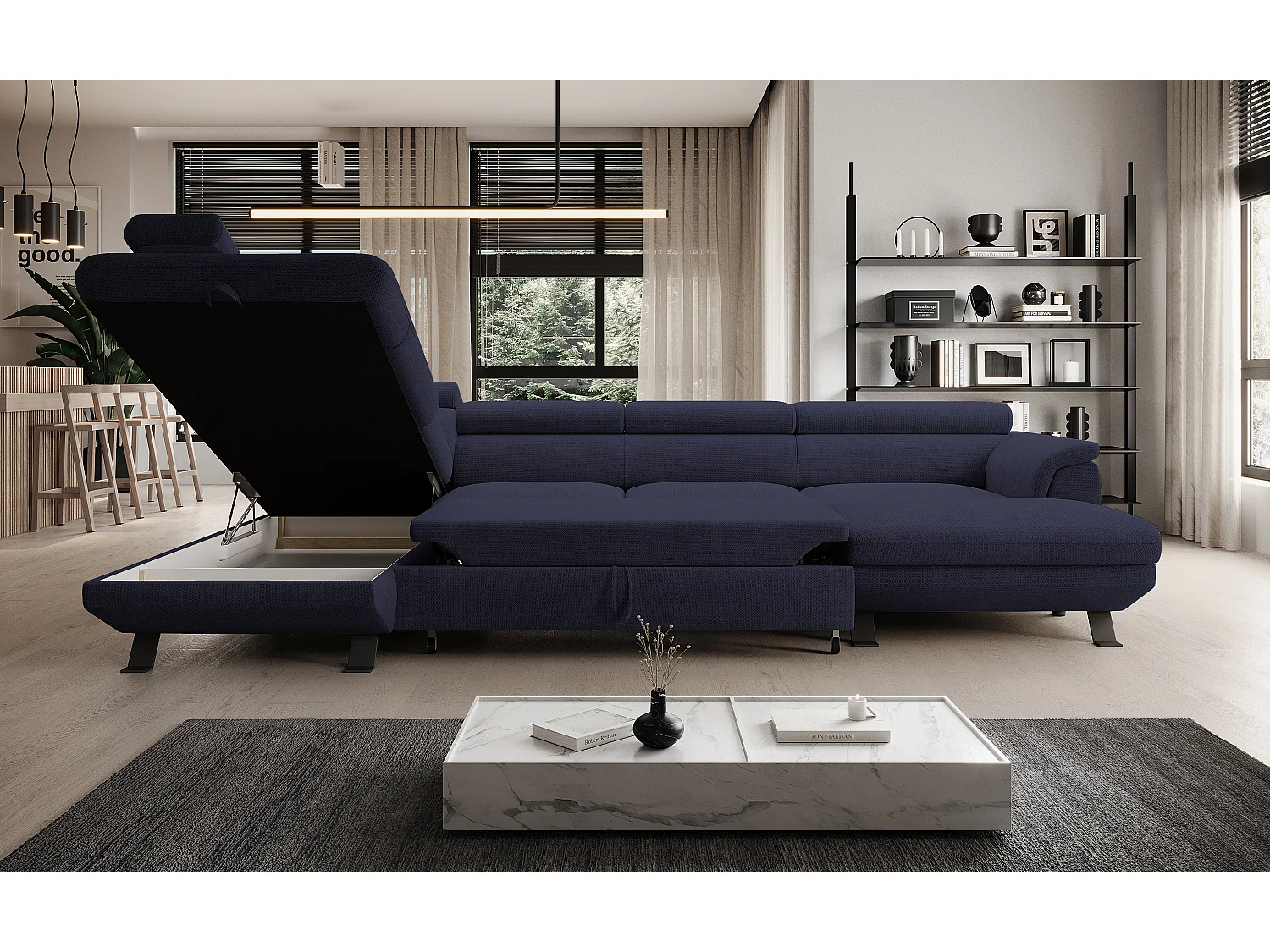 ECKSOFA RAVEN XL Eckcouch mit Schlaffunktion mit Ausziehbett, Verstellbaren Kopfstützen, Bettkasten, Großes Sofa 334x198x162cm Linke Seite Meer