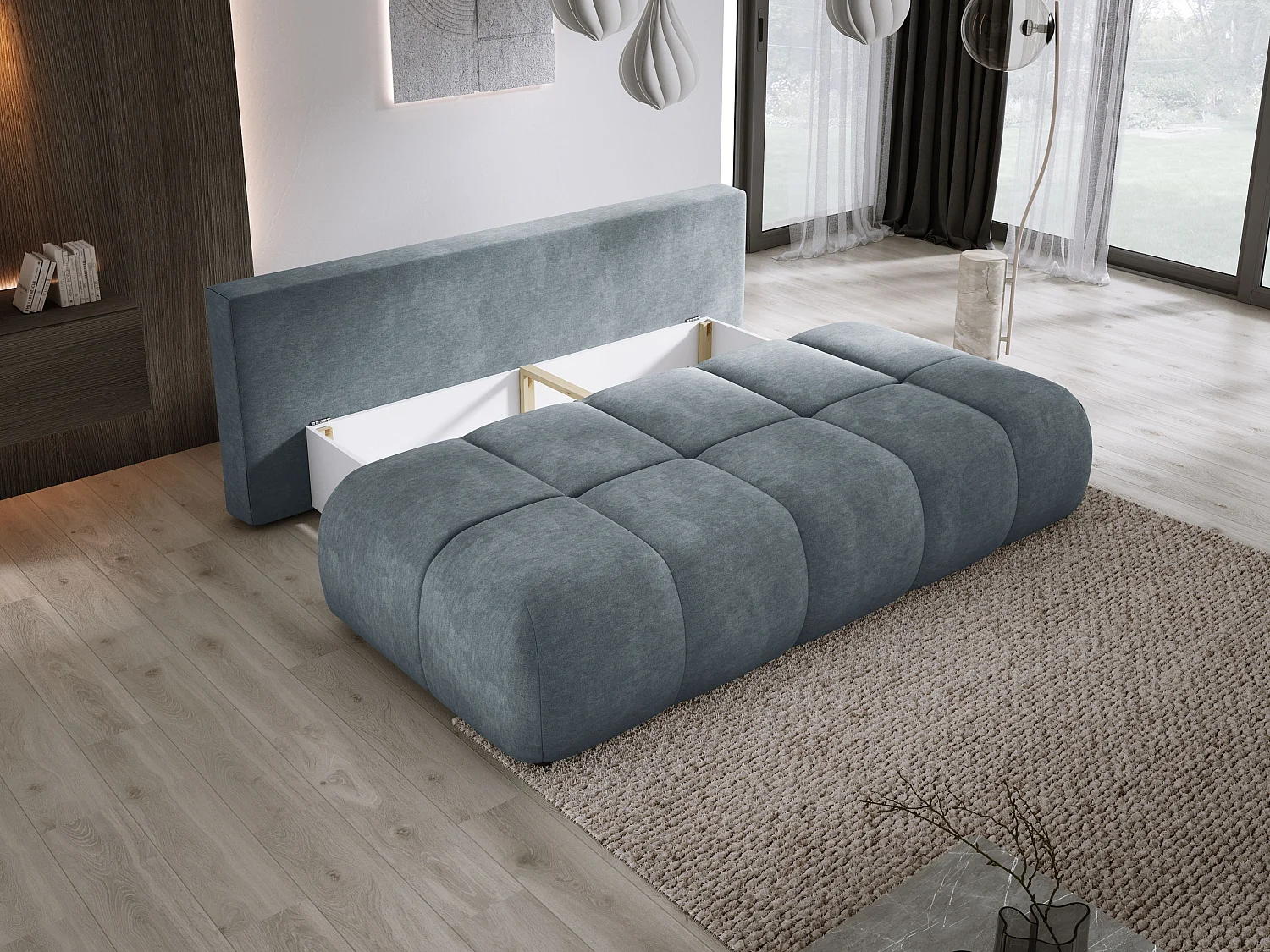 Sofa COCO MINI convertible avec couchage, tissu CLOUD, 2 places, autoportant, 205x105x97 cm, couleur : Gris
