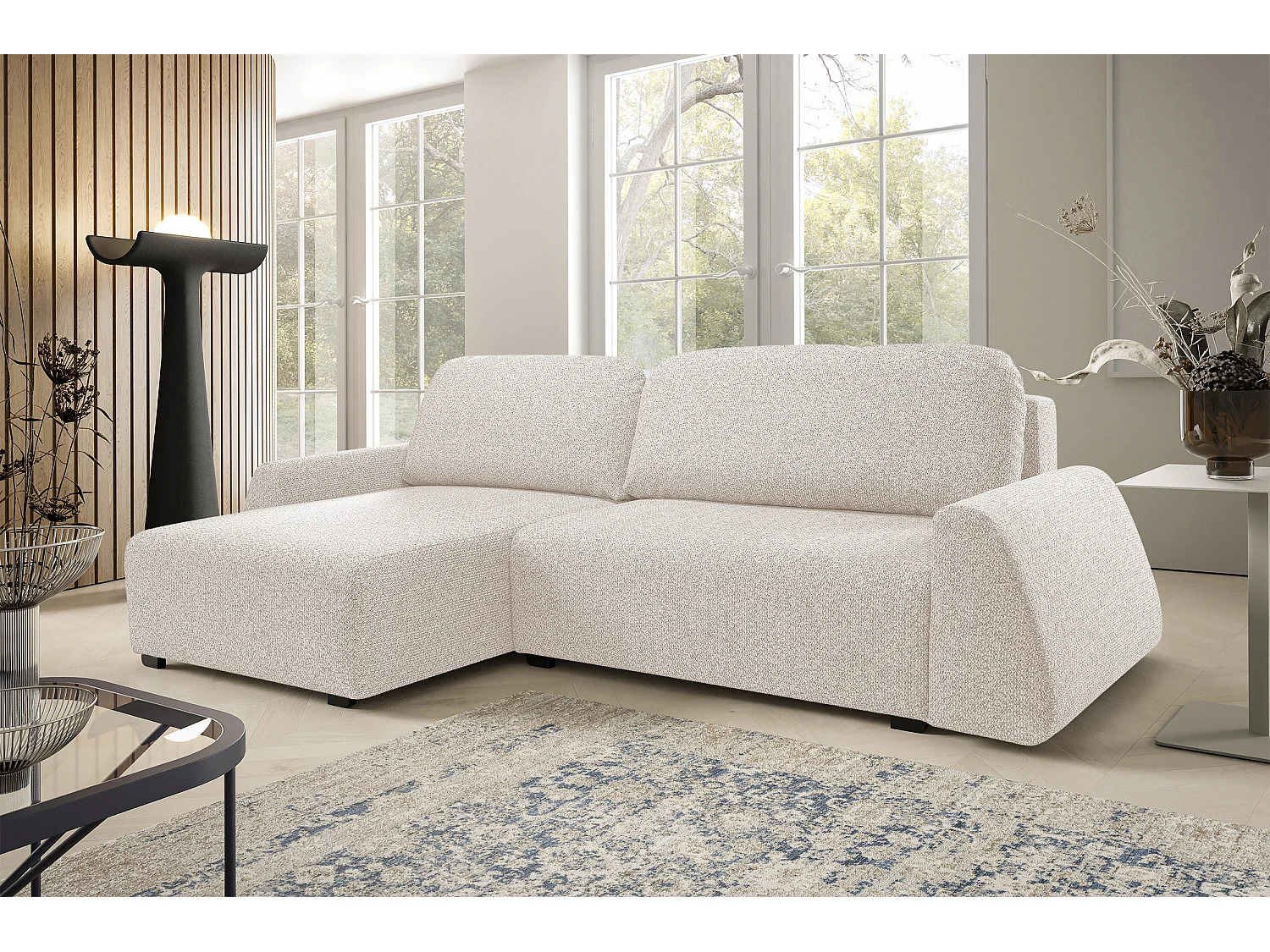 Canapé d'angle ALMI 160x275 cm, couchage, coffre, ressorts, assise confortable, côté gauche, beige