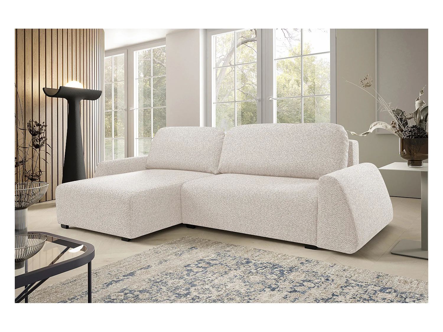 Canapé d'angle ALMI 160x275 cm, couchage, coffre, ressorts, assise confortable, côté gauche, beige