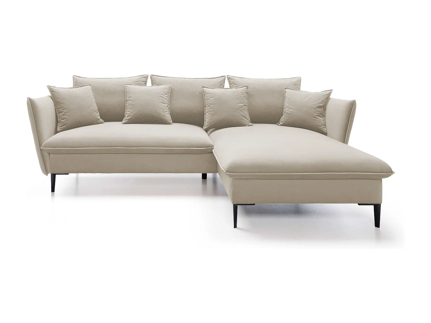 Ecksofa GLOSS mit Schlaffunktion, Ottomane & goldenen Füßen – Samtsofa im GLOSSour-Stil mit Zierkissen, 258x167x91cm, Rechte Seite PLATINUM
