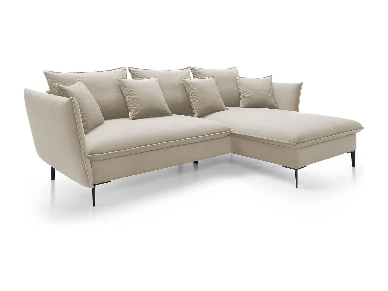 Ecksofa GLOSS mit Schlaffunktion, Ottomane & goldenen Füßen – Samtsofa im GLOSSour-Stil mit Zierkissen, 258x167x91cm, Rechte Seite PLATINUM