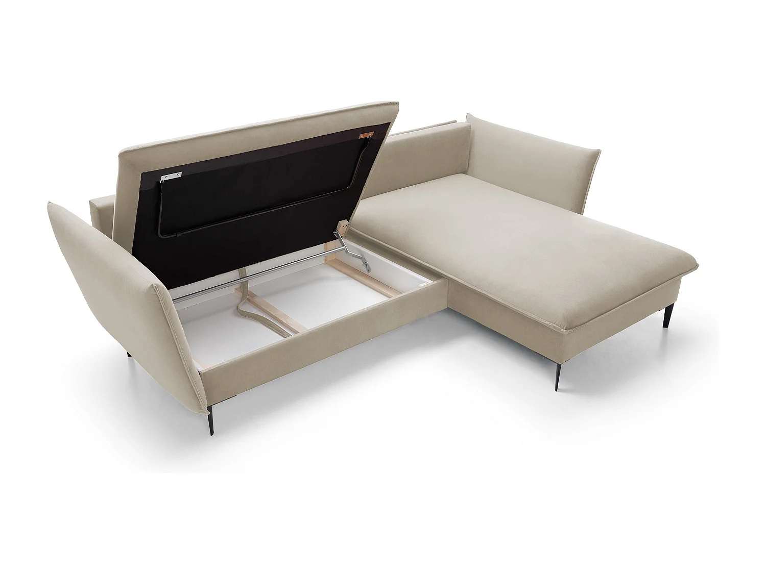 Ecksofa GLOSS mit Schlaffunktion, Ottomane & goldenen Füßen – Samtsofa im GLOSSour-Stil mit Zierkissen, 258x167x91cm, Rechte Seite PLATINUM