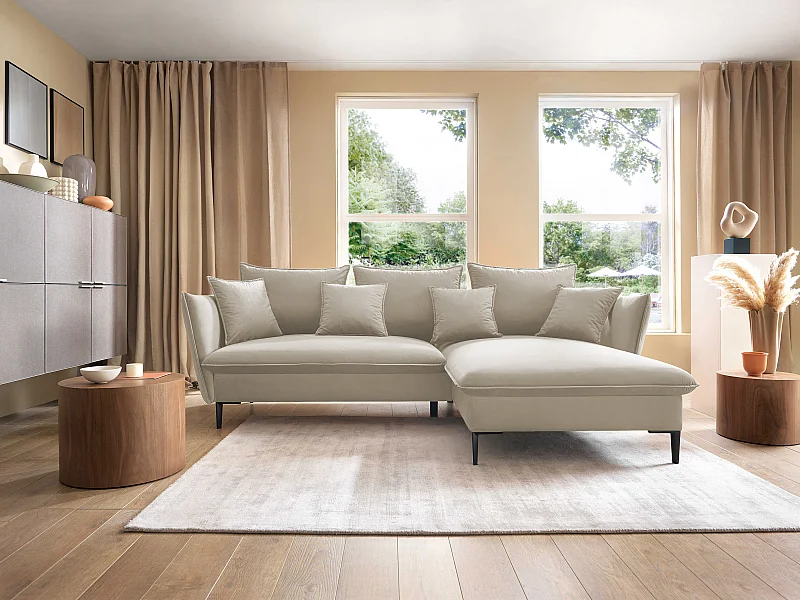 Hoekbank GLOSS met slaapfunctie, ottomane & gouden poten – fluwelen bank in GLOSSstijl met sierkussens, 258x167x91cm, Rechterkant PLATINA