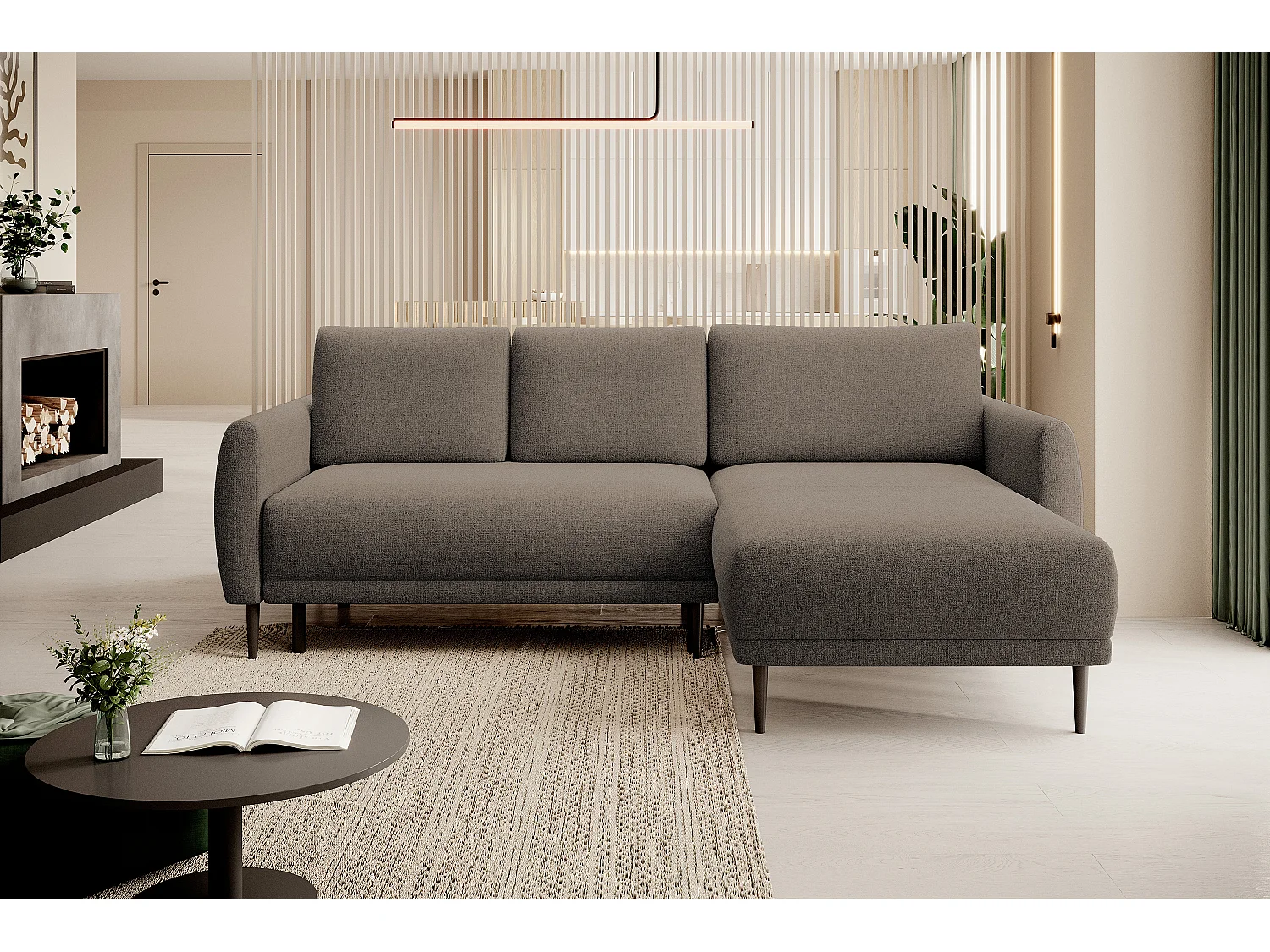 CANAPE BONO Canapé élégant avec fonction sommeil, Pieds en bois robustes, Accoudoirs élégants, Assise profonde 226x164x88cm, Côté droit Marron clair