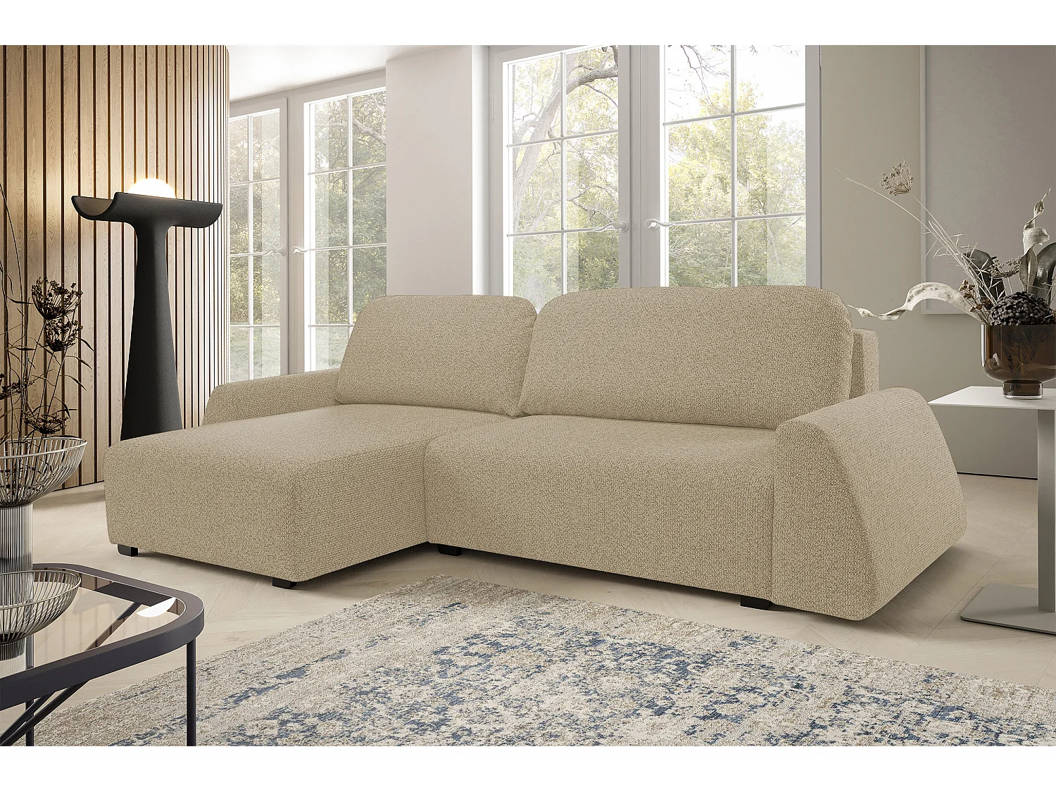 Hoekbank ALMI 160x275 cm, slaapfunctie, opbergruimte, golfveren, comfortabel zitvlak, elegant design, linkerzijde, cappuccino