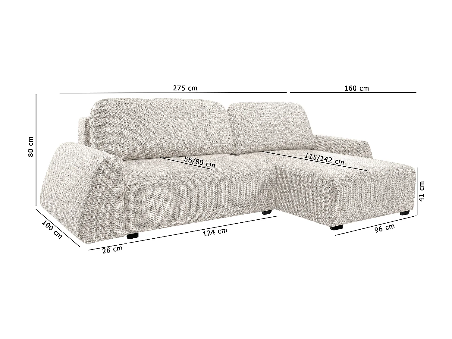 Hoekbank ALMI 160x275 cm, slaapfunctie, opbergruimte, golfveren, comfortabel zitvlak, elegant design, linkerzijde, cappuccino