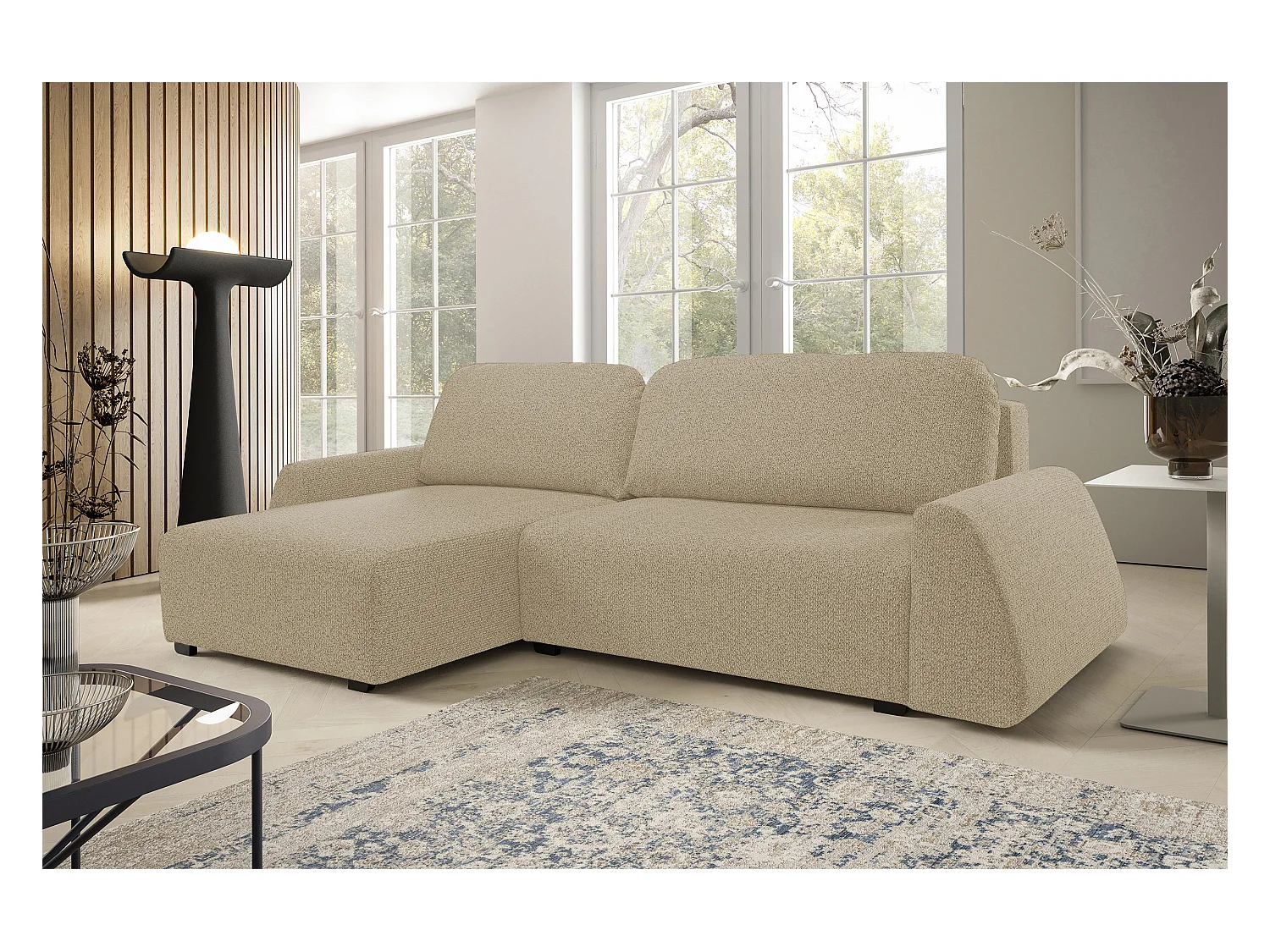 Canapé d'angle ALMI 160x275 cm, couchage, coffre, ressorts, assise confortable, côté gauche, cappuccino