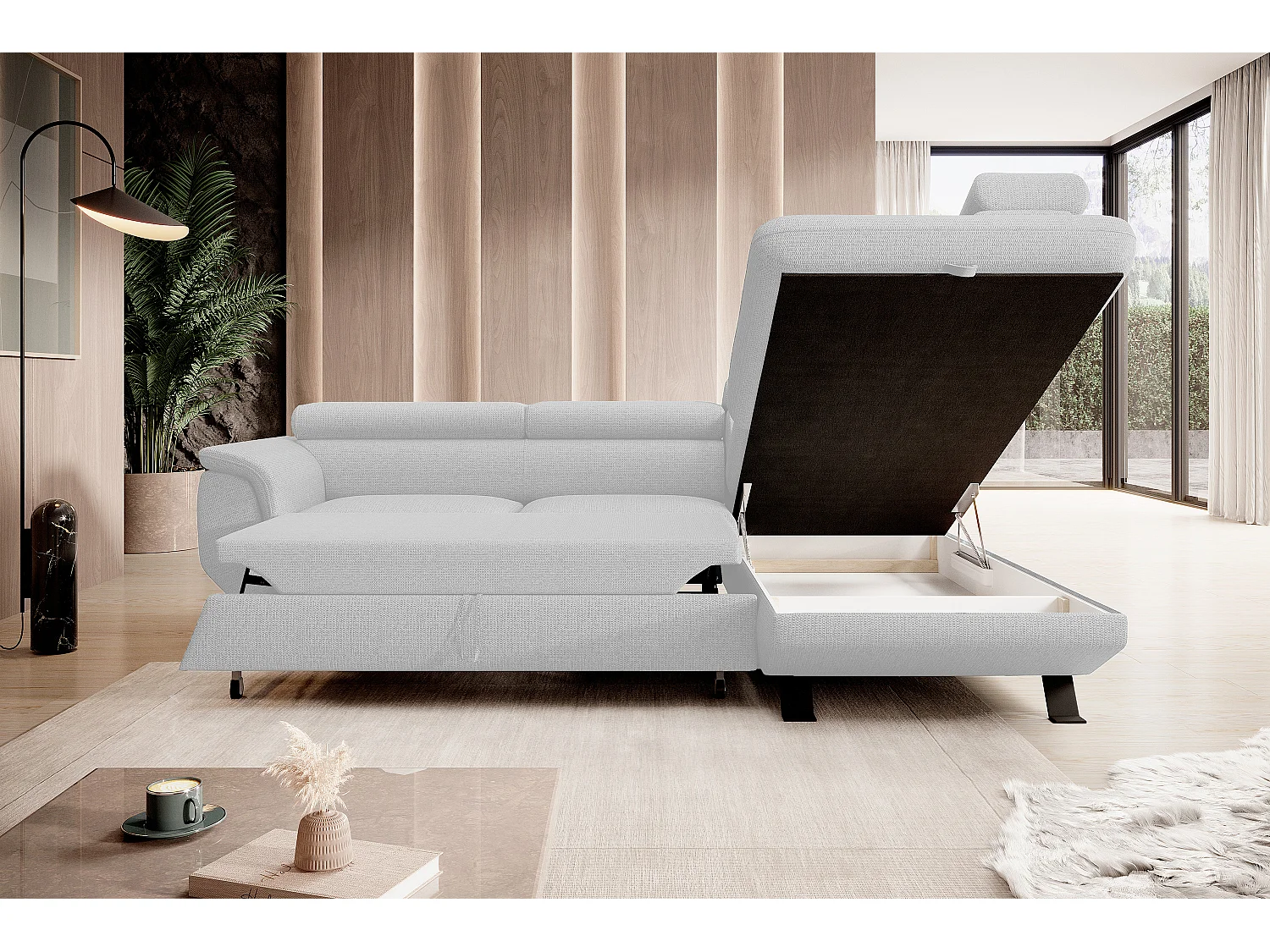 Canapé RAVEN L avec fonction de couchage, compartiment à literie, indépendant, rembourré avec têtières réglables 257x198x96 cm Côté droit Blanc