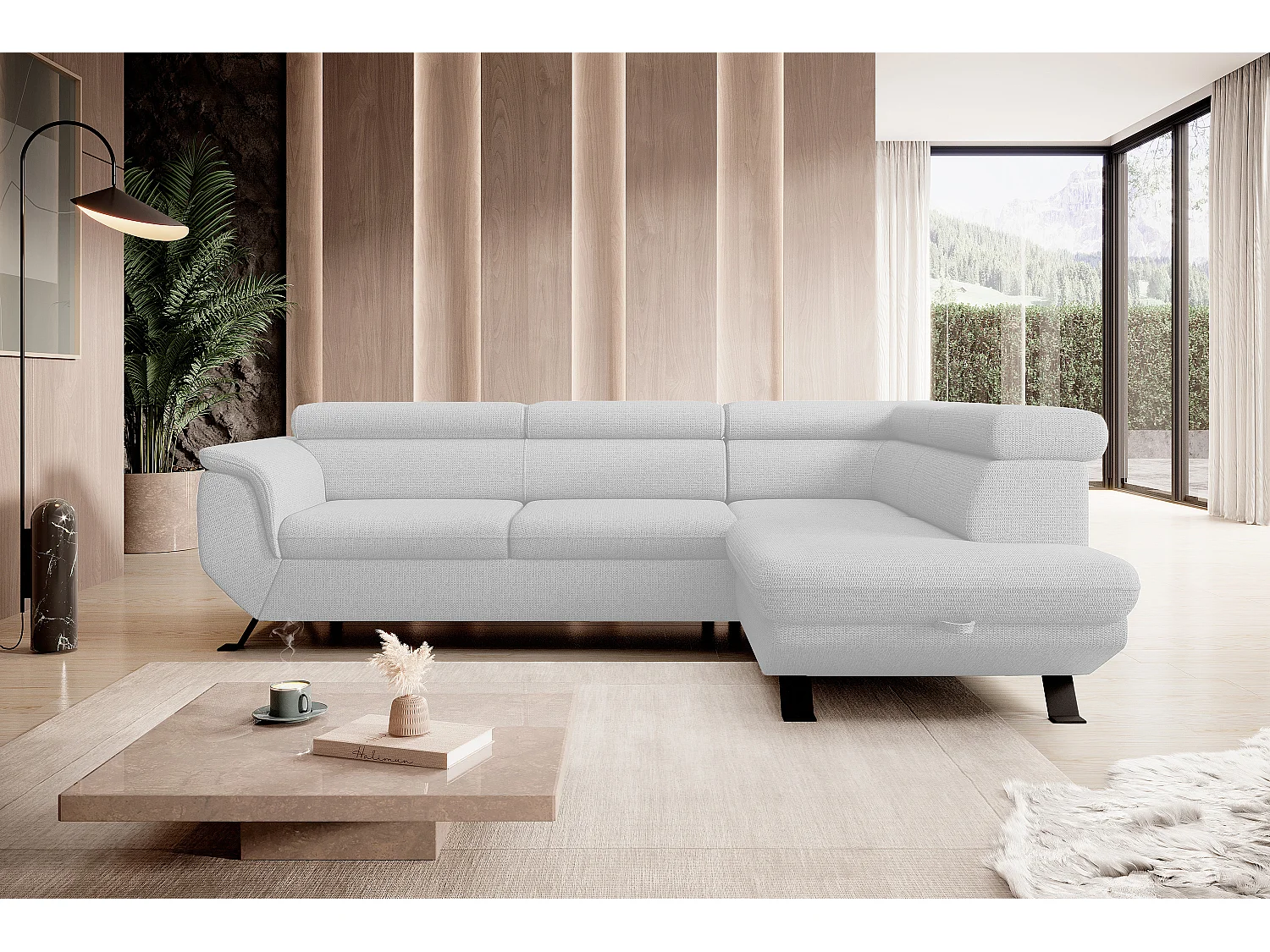 Canapé RAVEN L avec fonction de couchage, compartiment à literie, indépendant, rembourré avec têtières réglables 257x198x96 cm Côté droit Blanc