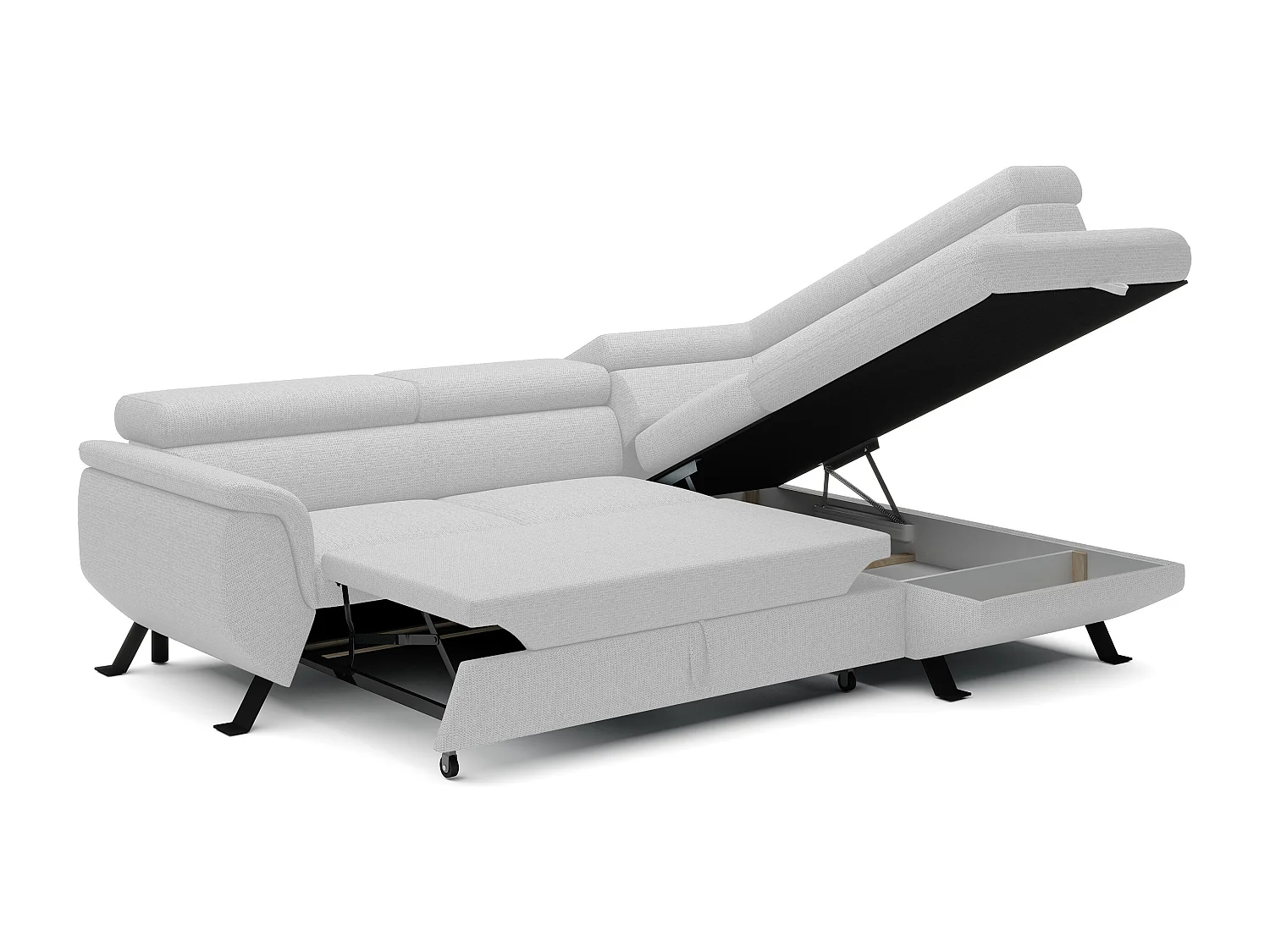 Canapé RAVEN L avec fonction de couchage, compartiment à literie, indépendant, rembourré avec têtières réglables 257x198x96 cm Côté droit Blanc