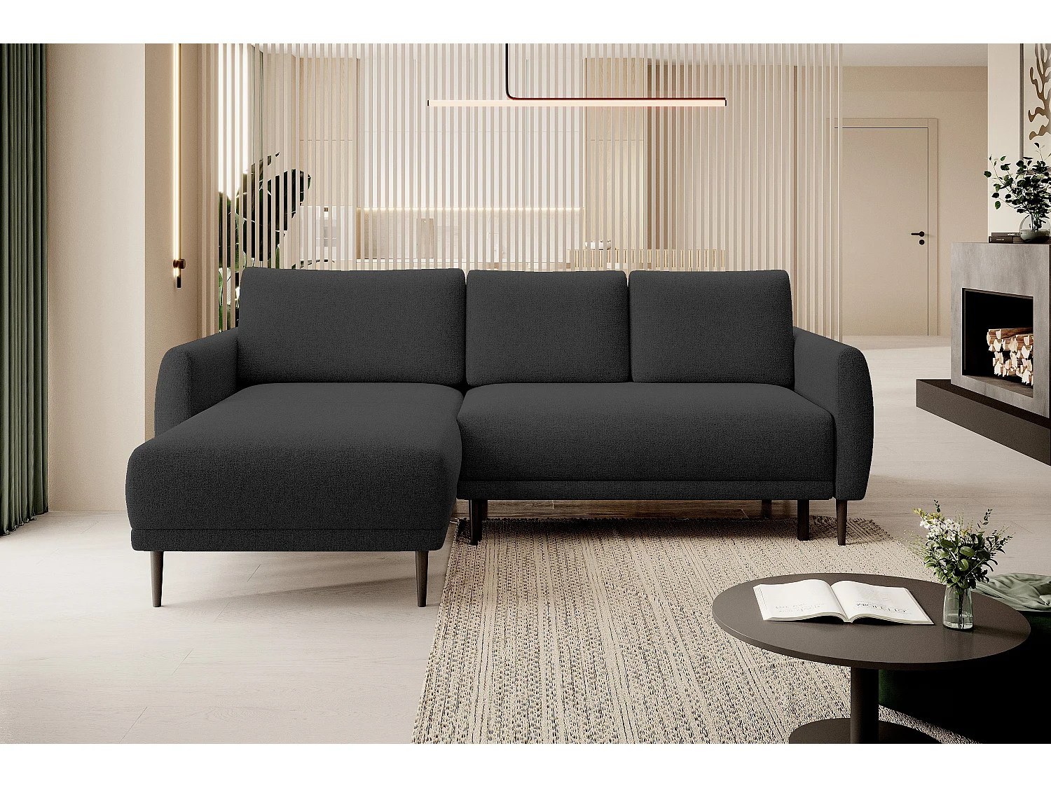 ECKSOFA BONO Stilvolles Sofa mit Schlaffunktion, Robuste Holzfüße, Elegante Armlehnen, Tiefe Sitzfläche 226x164x88cm, Linke Seite Schwarz