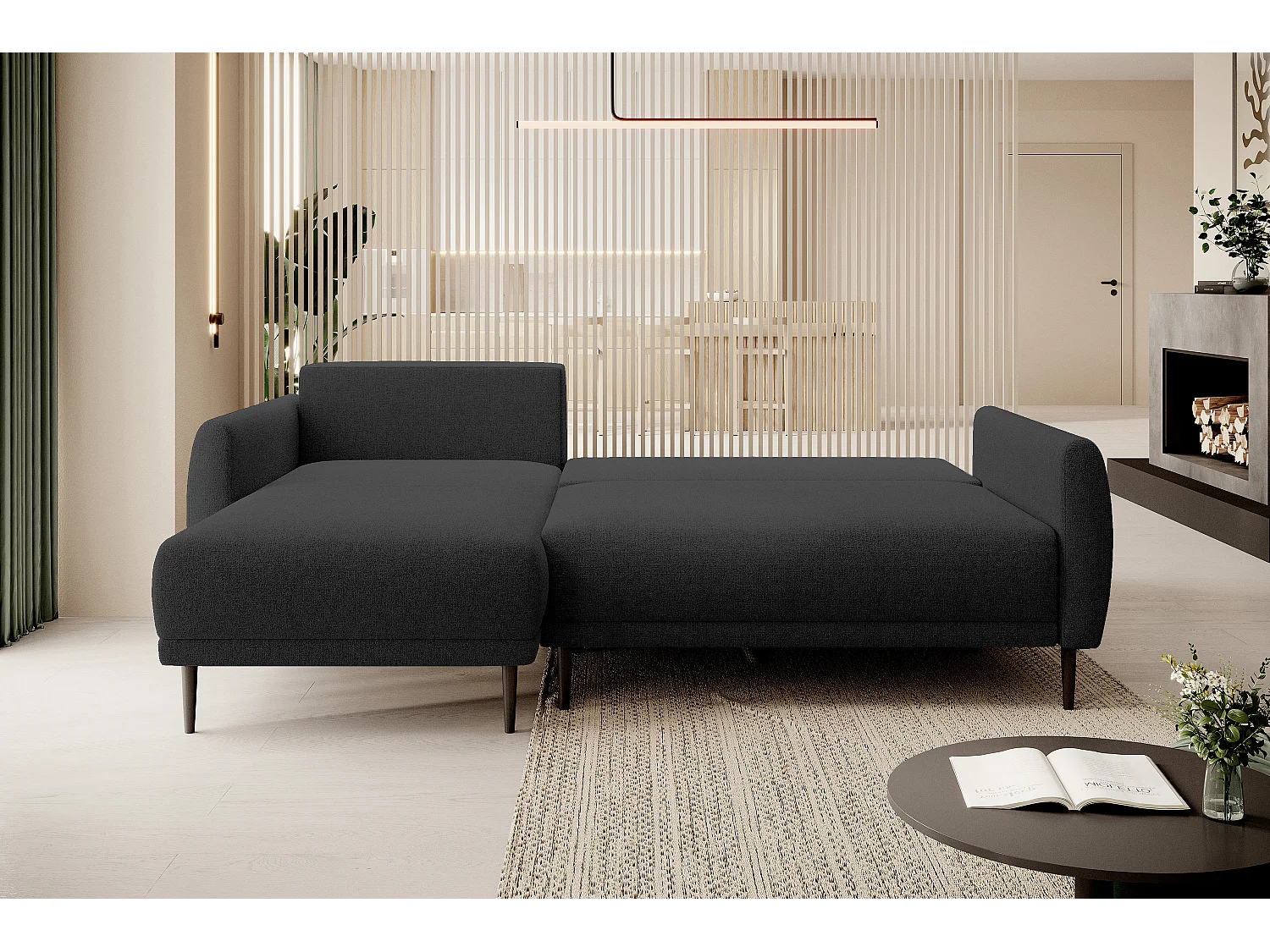 ECKSOFA BONO Stilvolles Sofa mit Schlaffunktion, Robuste Holzfüße, Elegante Armlehnen, Tiefe Sitzfläche 226x164x88cm, Linke Seite Schwarz