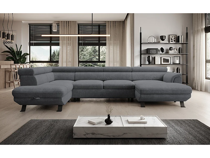 ECKSOFA RAVEN XL Eckcouch mit Schlaffunktion mit Ausziehbett, Verstellbaren Kopfstützen, Bettkasten, Großes Sofa 334x198x162cm Linke Seite Stahl