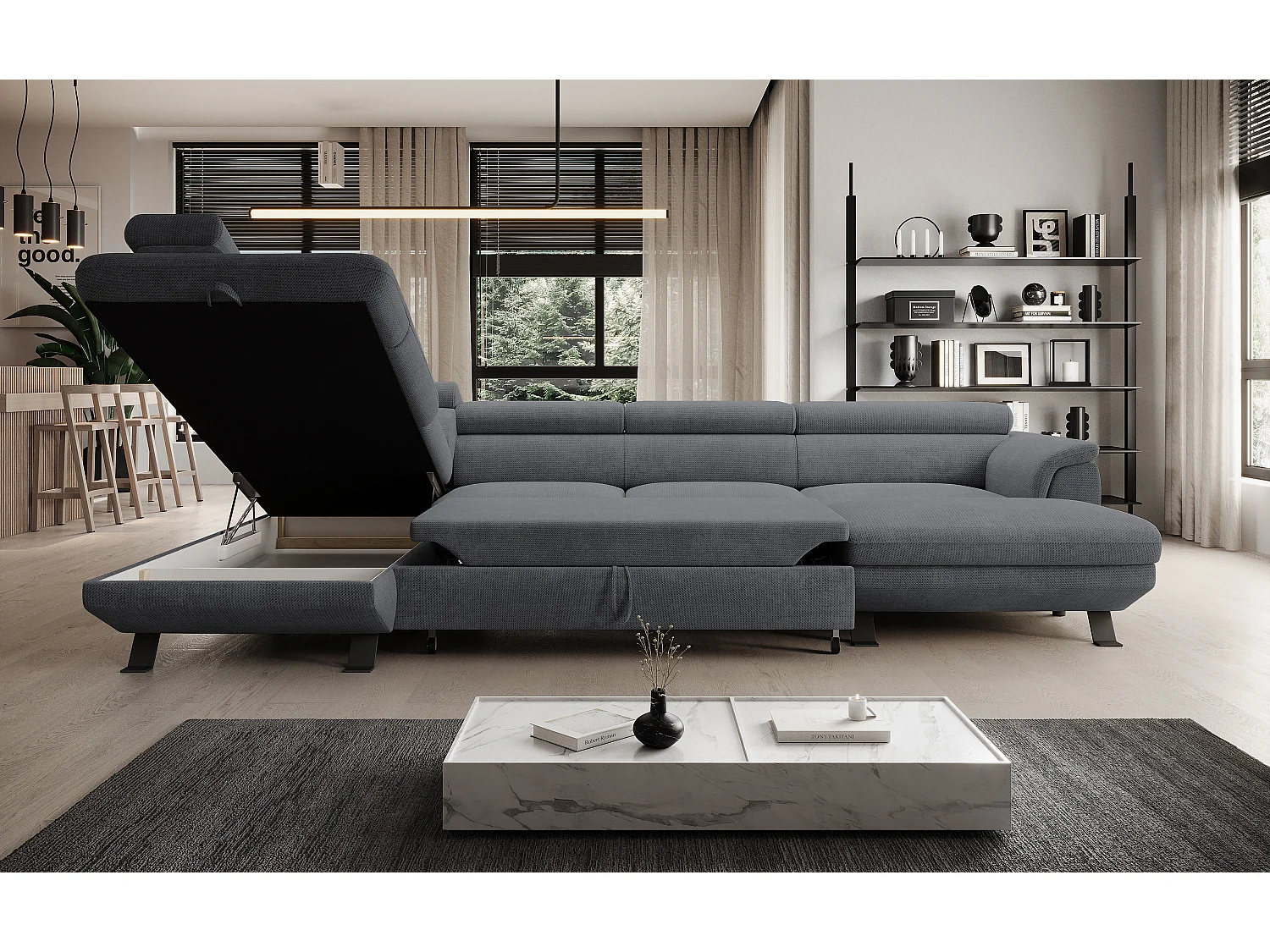 ECKSOFA RAVEN XL Eckcouch mit Schlaffunktion mit Ausziehbett, Verstellbaren Kopfstützen, Bettkasten, Großes Sofa 334x198x162cm Linke Seite Stahl