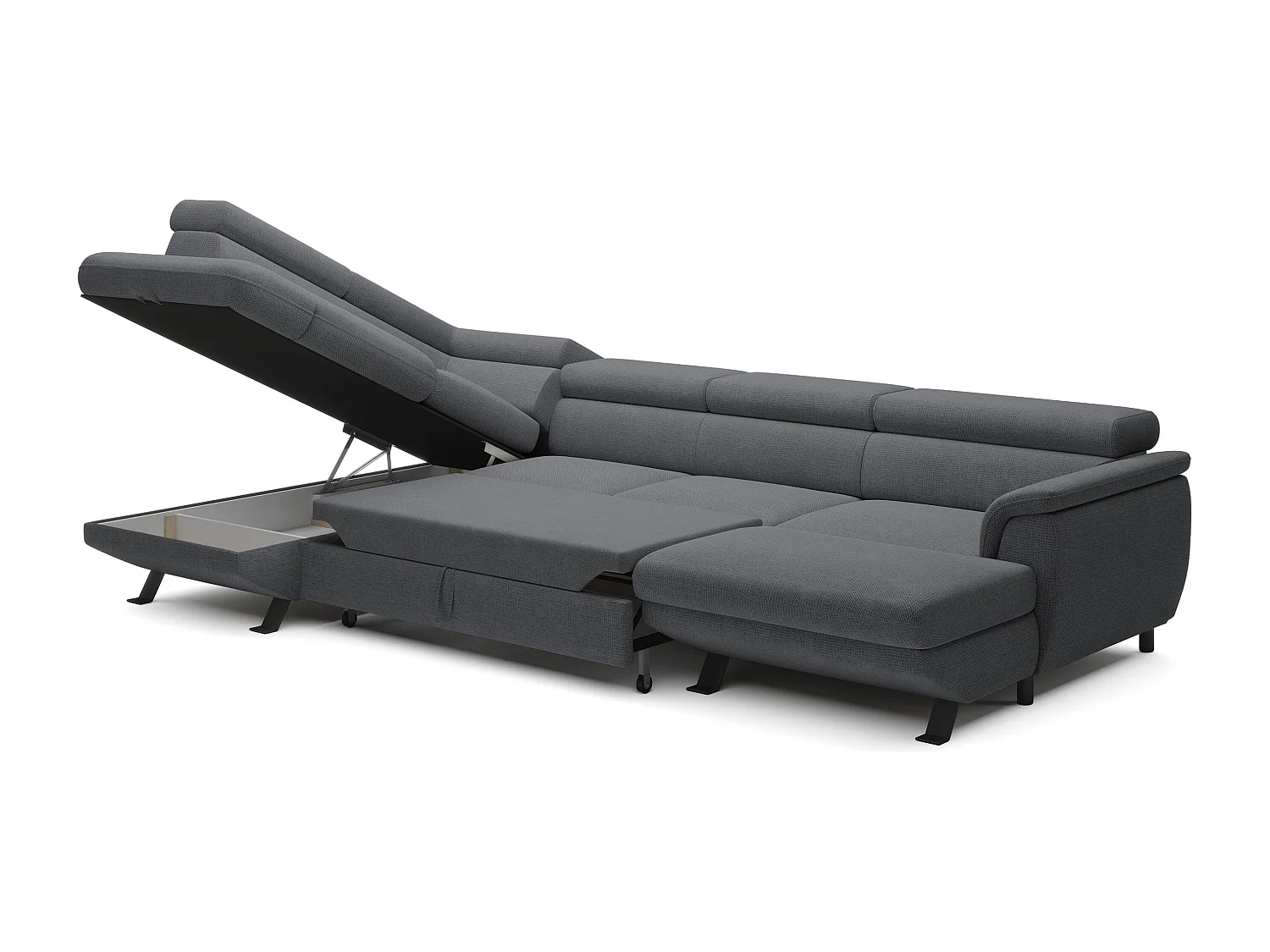 ECKSOFA RAVEN XL Eckcouch mit Schlaffunktion mit Ausziehbett, Verstellbaren Kopfstützen, Bettkasten, Großes Sofa 334x198x162cm Linke Seite Stahl
