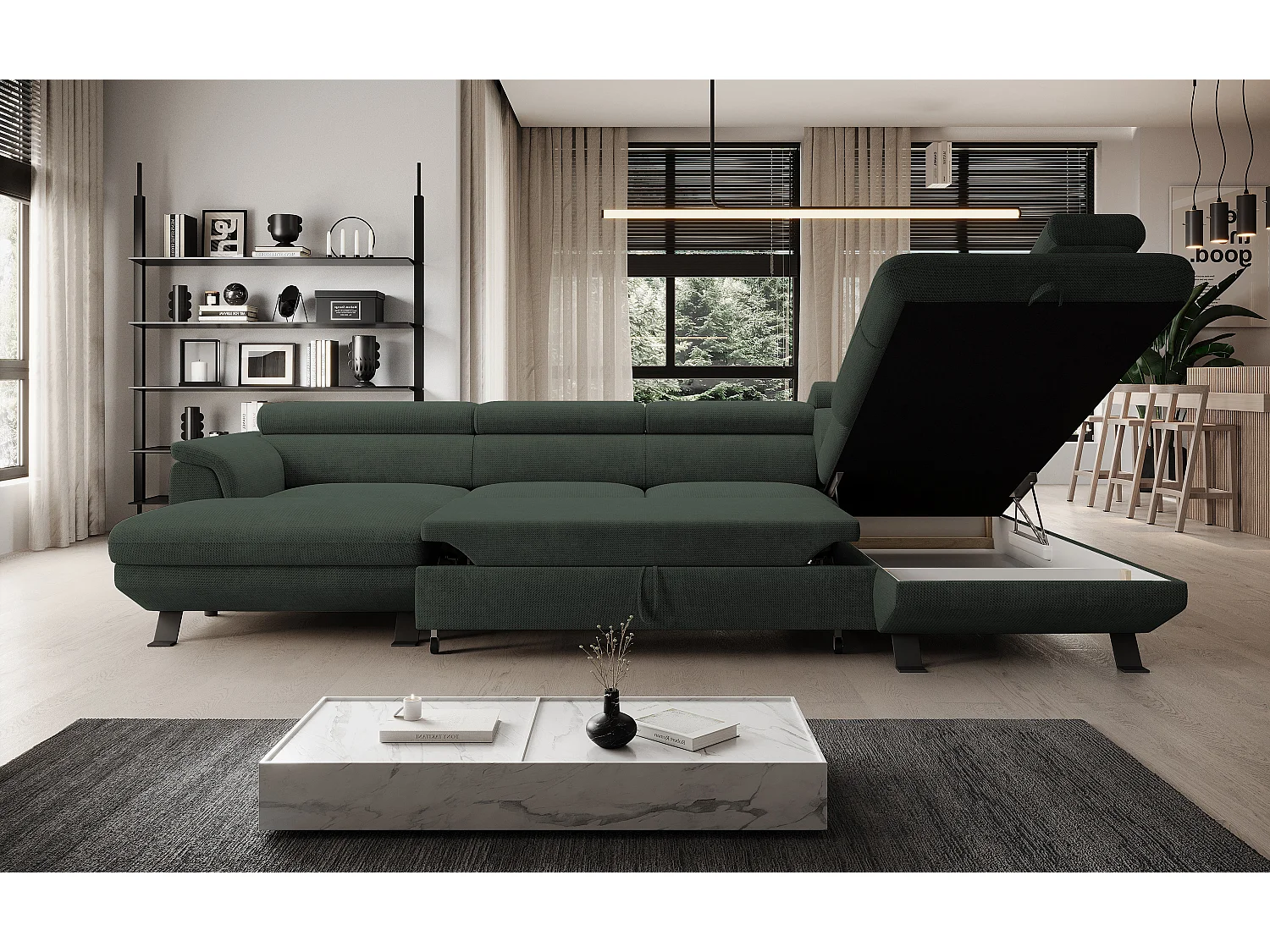 Canapé d'angle RAVEN XL convertible avec tiroir-lit, appuie-têtes réglables, coffre, 334x198x162cm, côté droit Forêt