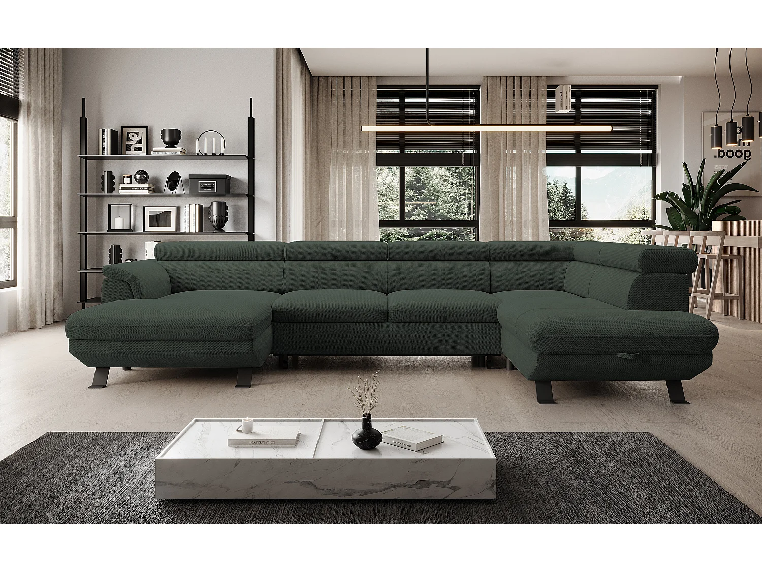 Canapé d'angle RAVEN XL convertible avec tiroir-lit, appuie-têtes réglables, coffre, 334x198x162cm, côté droit Forêt