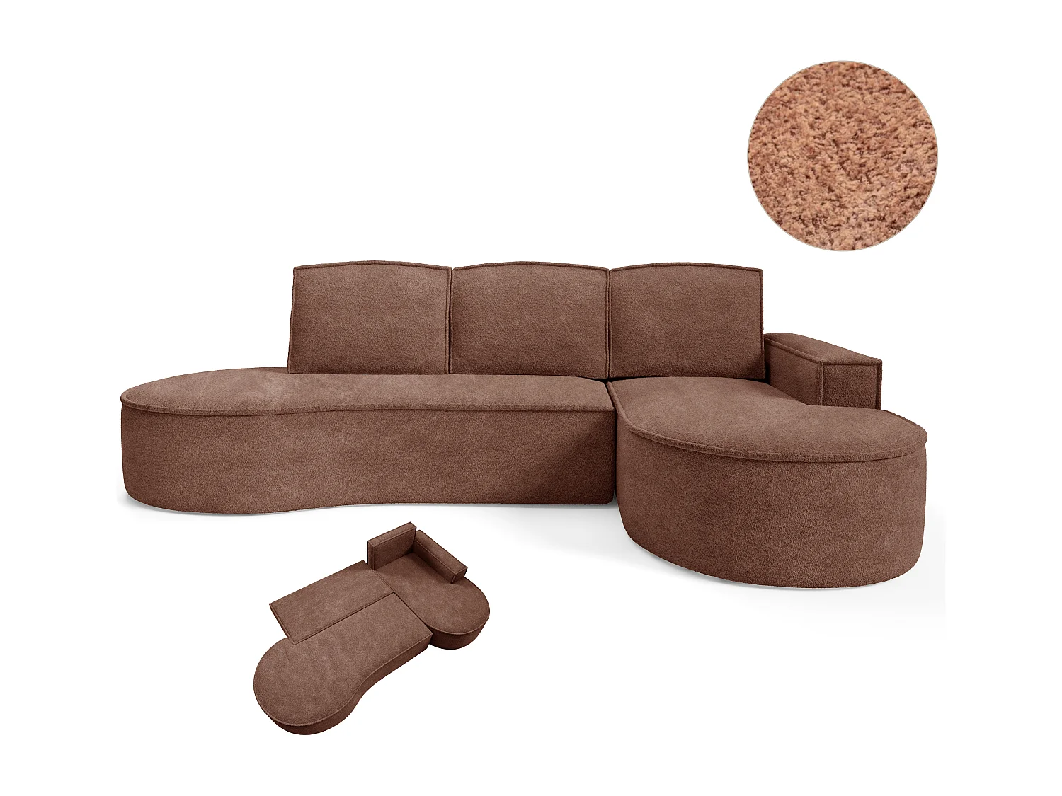 Canapé d'angle MOLLY avec couchage - Design arrondi, autoportant, 140x207 cm, 3 coussins, tissu Curio, 277x157x88 cm, côté droit brun
