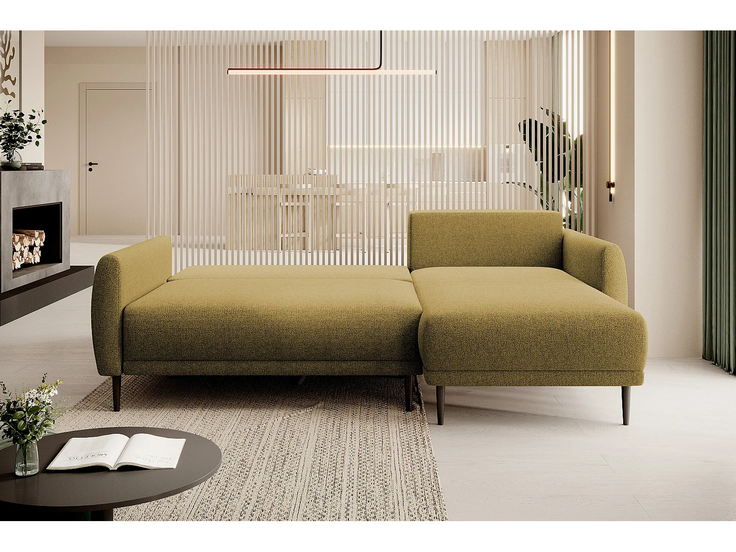 CANAPE BONO Canapé élégant avec fonction sommeil, Pieds en bois robustes, Accoudoirs élégants, Assise profonde 226x164x88cm, Côté droit Platine