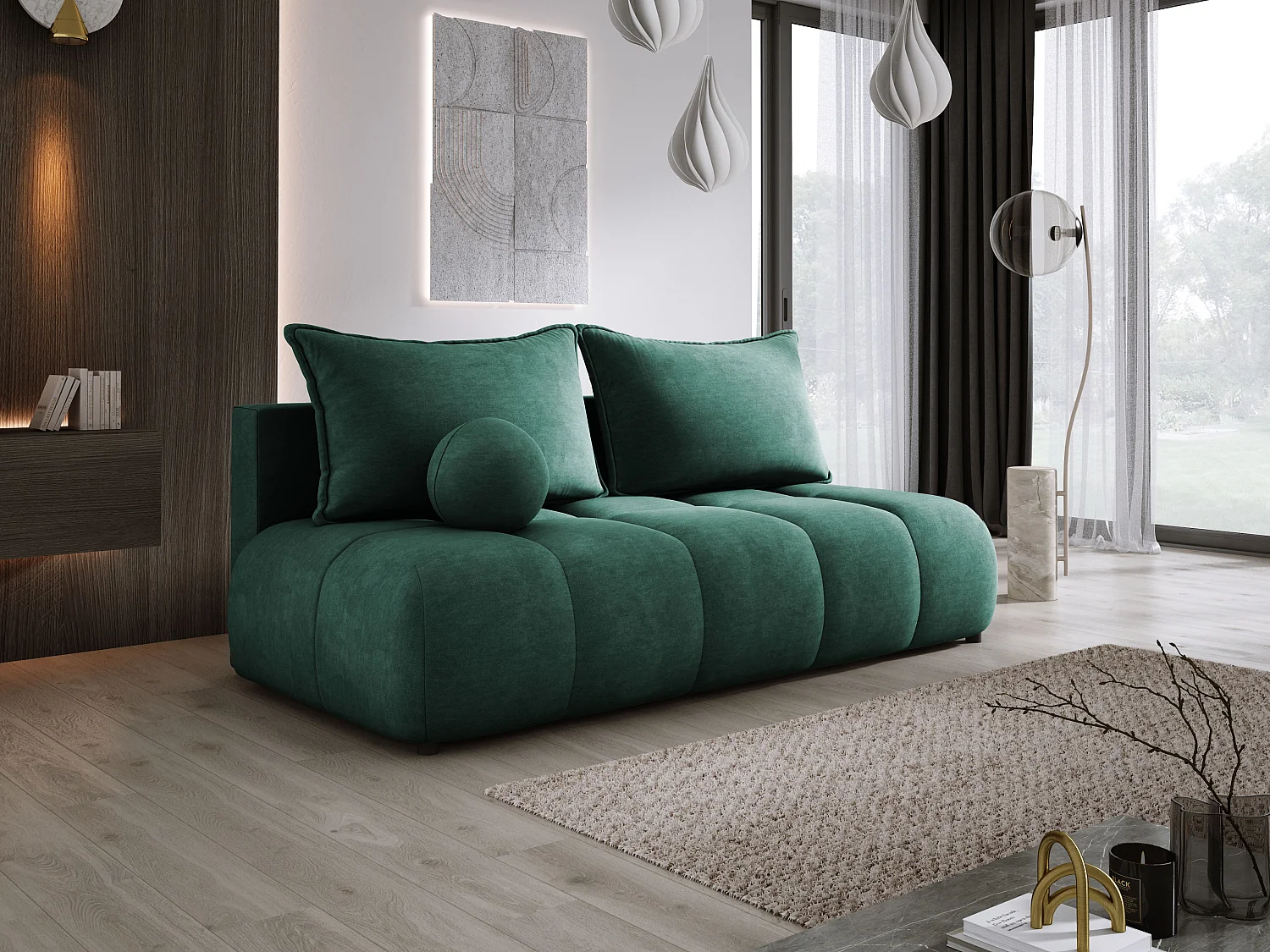 Sofa COCO MINI convertible avec couchage, tissu CLOUD, 2 places, autoportant, 205x105x97 cm, couleur : Vert